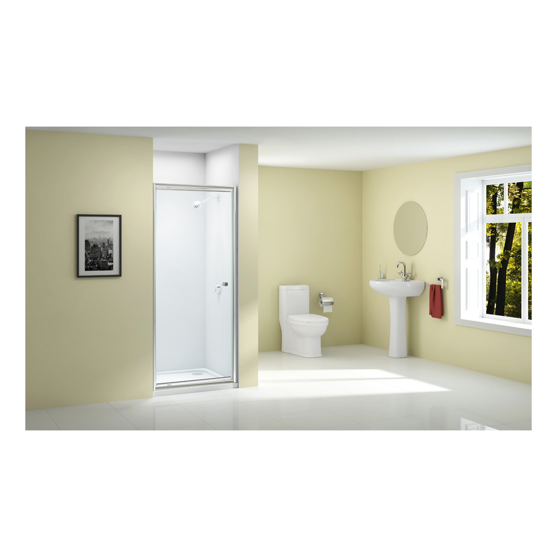 Bright bathroom with shower, toilet, and sink in a modern, minimalist design with a large window with green trees outside. Ideal for contemporary bathroom renovation or design inspiration.