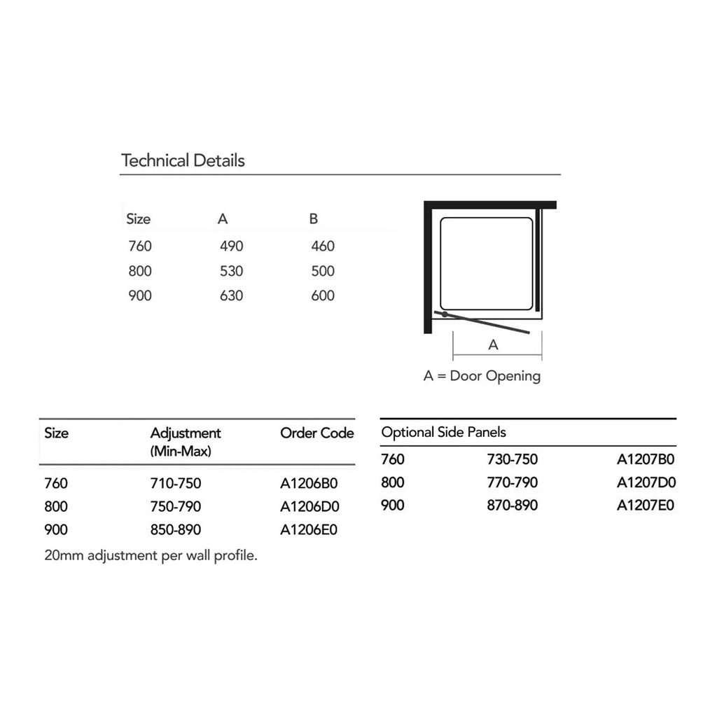 Doorless shower enclosure with adjustable sizes and optional side panels, perfect for modern bathroom renovation, featuring sleek design and easy wall profile adjustments for customised fit.