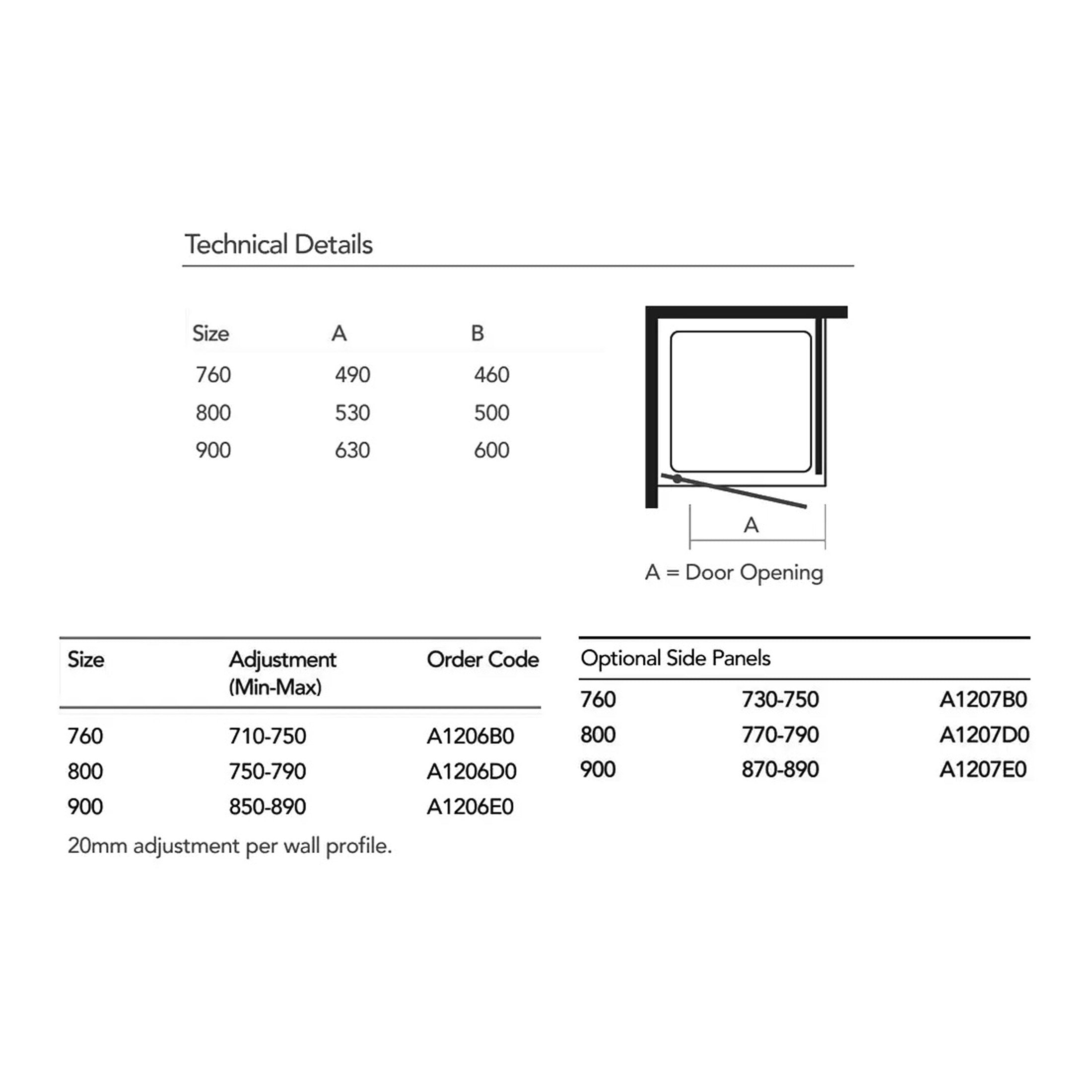 Doorless shower enclosure with adjustable sizes and optional side panels, perfect for modern bathroom renovation, featuring sleek design and easy wall profile adjustments for customised fit.