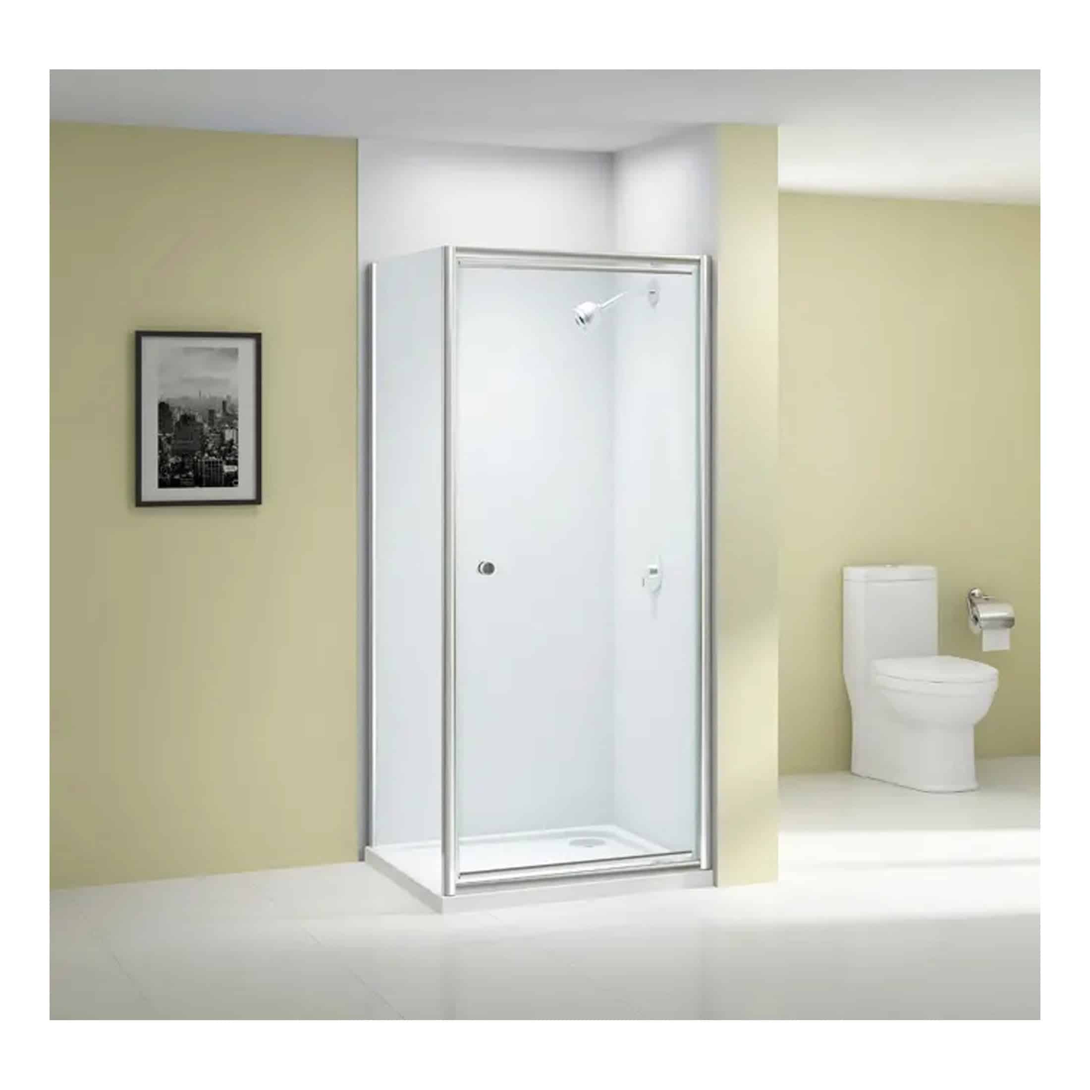 Contemporary shower enclosure with clear glass door in a modern bathroom setting.
