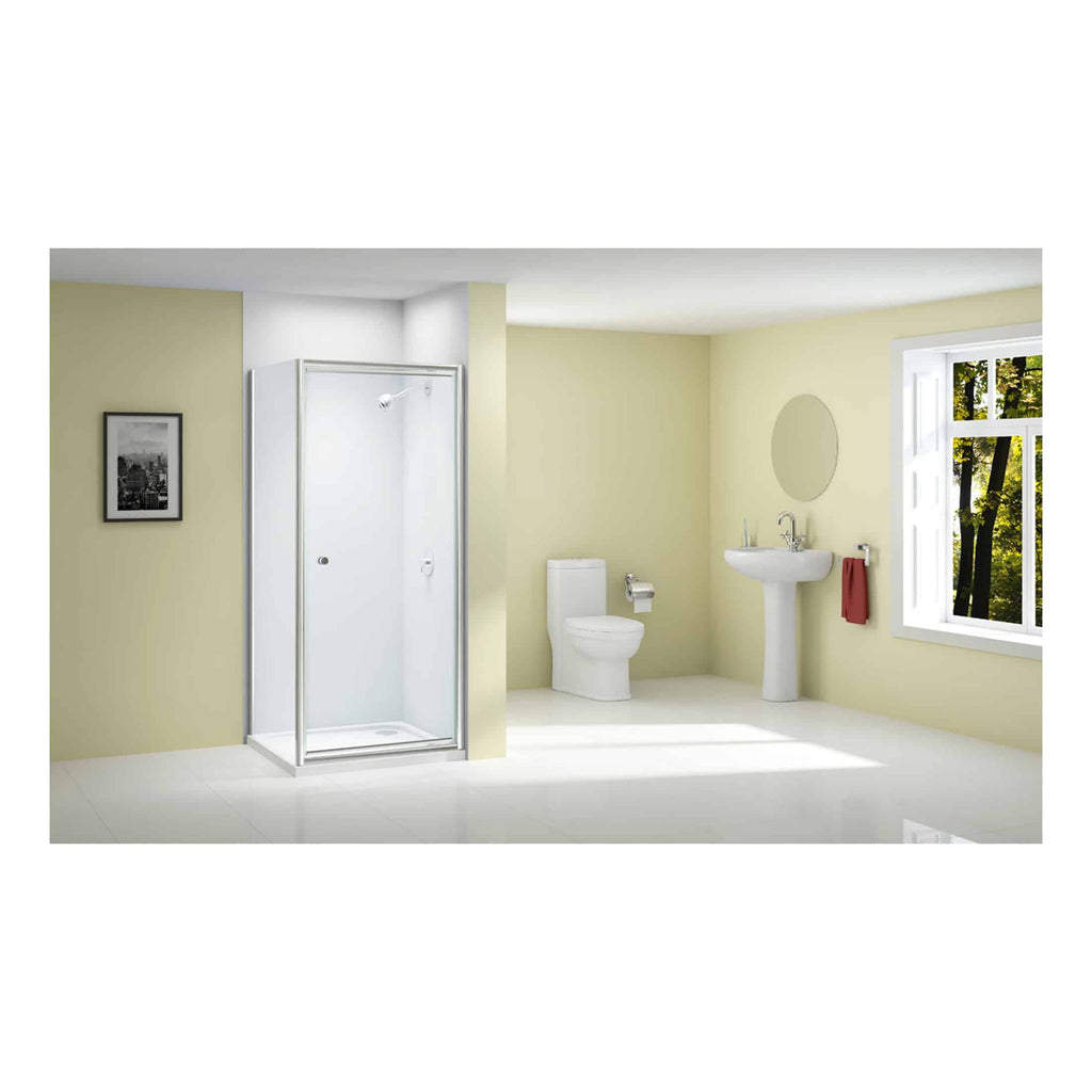 Shower enclosure, toilet, and sink in a modern bathroom with large window and natural light, showcasing contemporary bathroom fixtures and design from Bubly Bathrooms.