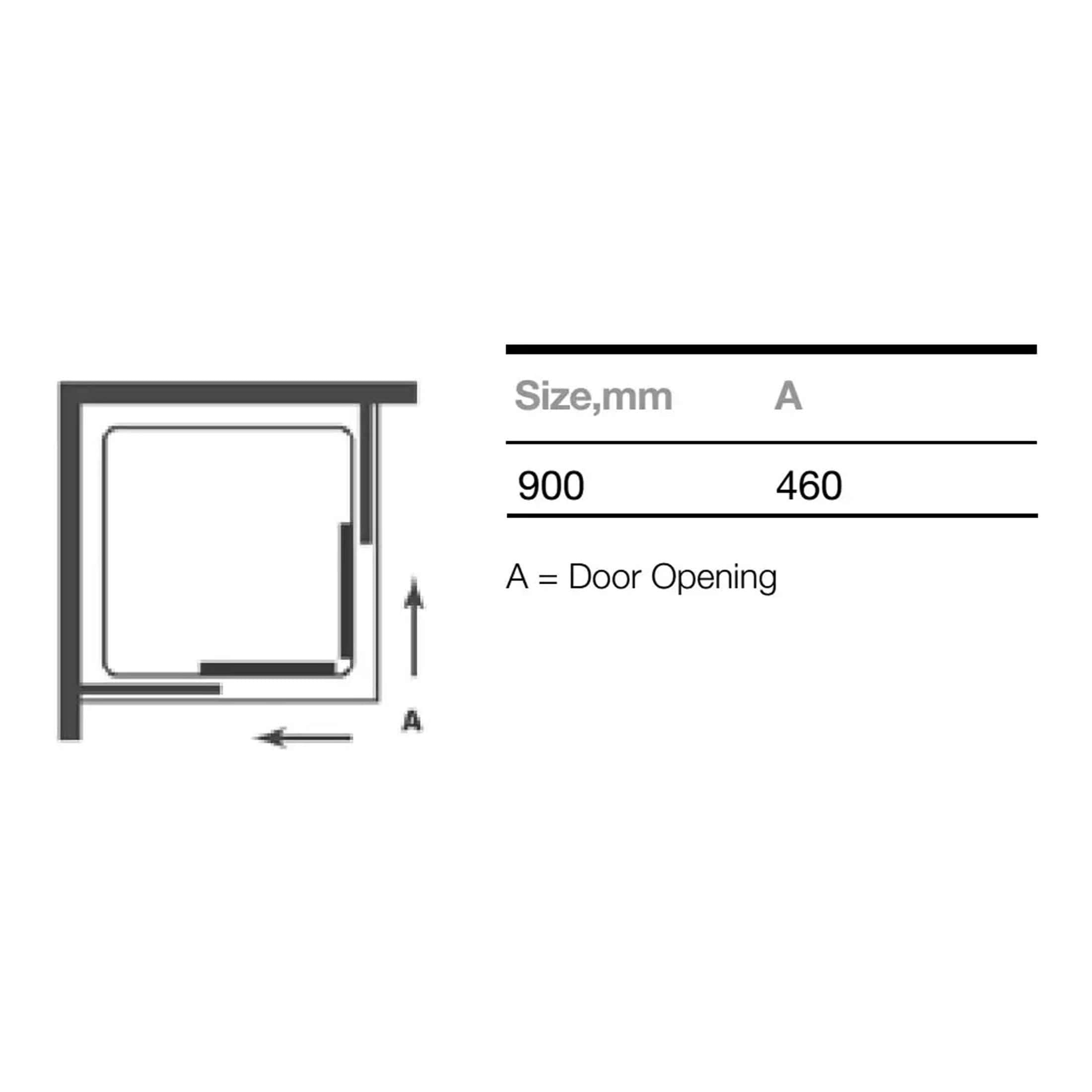 High-quality shower enclosure with a 900mm x 460mm door opening, perfect for modern bathrooms. Features a sleek design and durable materials for long-lasting use and easy maintenance.