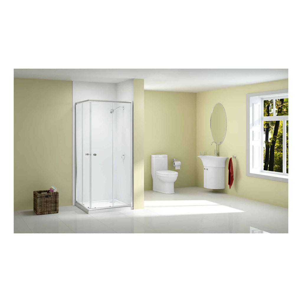 Modern bathroom with walk-in shower, toilet, and vanity sink, bright natural light from large window, minimalist design, neutral colours, perfect for contemporary bathrooms.
