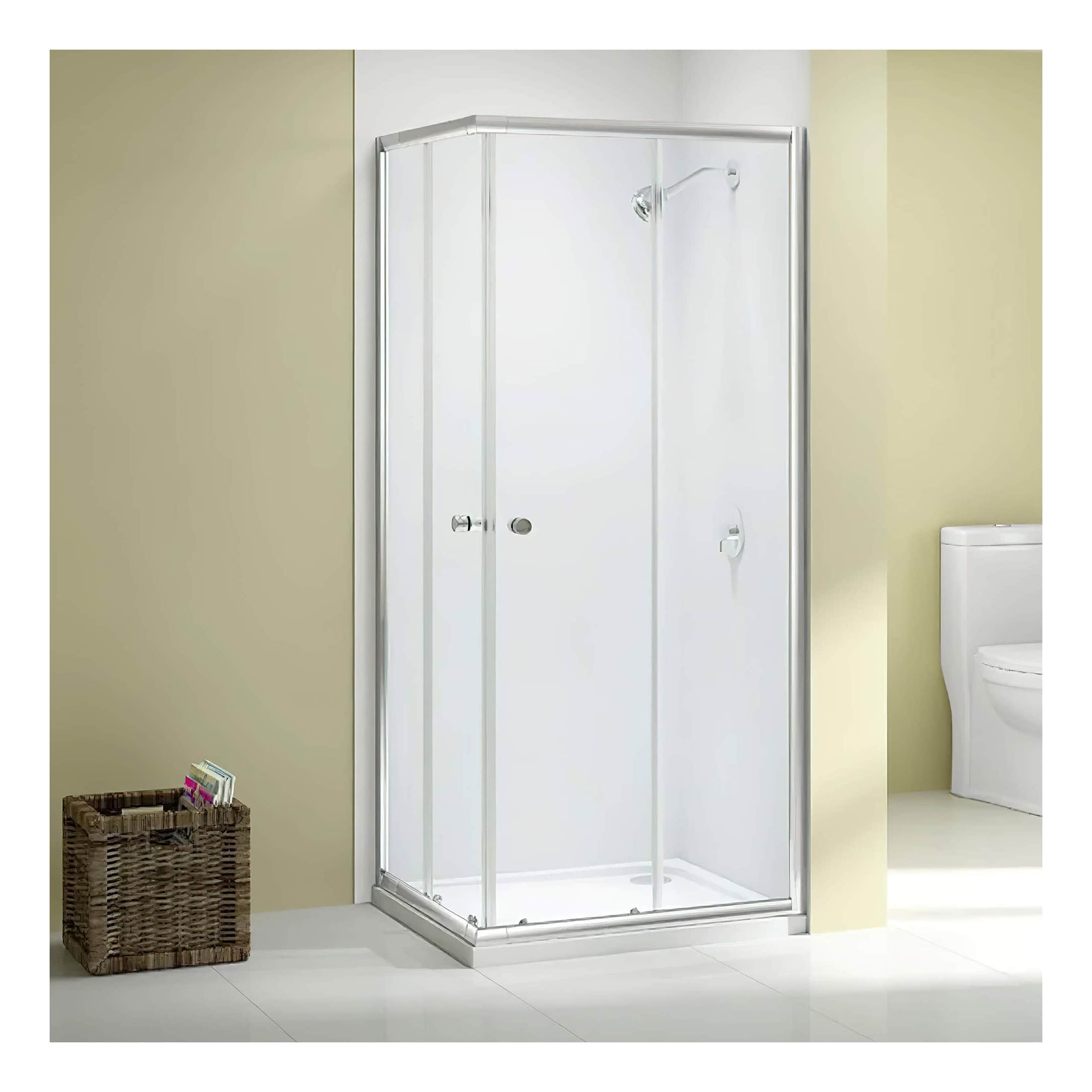 Elegant shower enclosure with clear glass panels and chrome frame, perfect for modern bathrooms. Compact design suits small spaces and enhances bathroom functionality.
