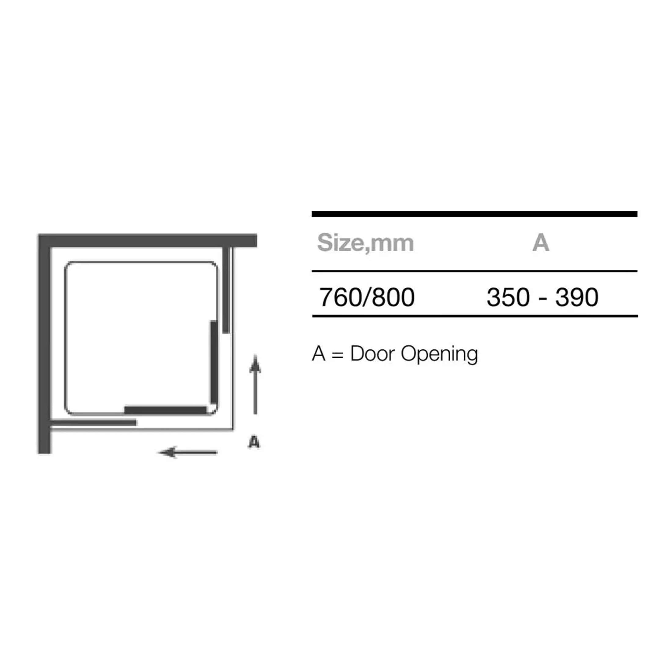 Industrial shower enclosure with adjustable door opening, designed for bathroom renovation, size options 760/800mm, easy to install, modern glass design, perfect for contemporary bathroom spaces.