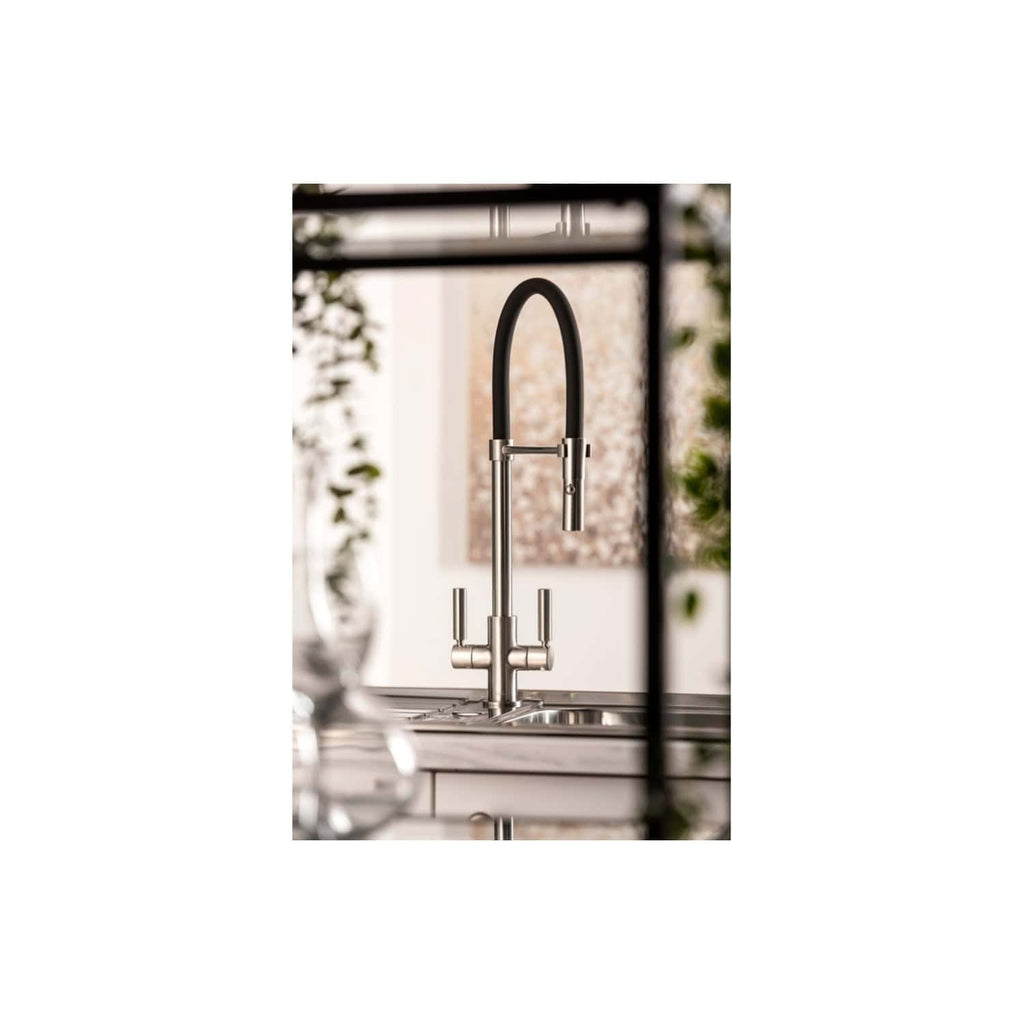 Sleek modern kitchen sink with a stainless steel tap featuring a flexible black hose and minimalist design, ideal for stylish bathroom or kitchen renovations.