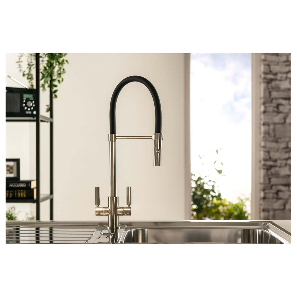 Sleek stainless steel kitchen sink with modern black and stainless steel mixer tap, ideal for contemporary bathroom or kitchen renovation projects. Featuring a high-arc spout and dual handles.