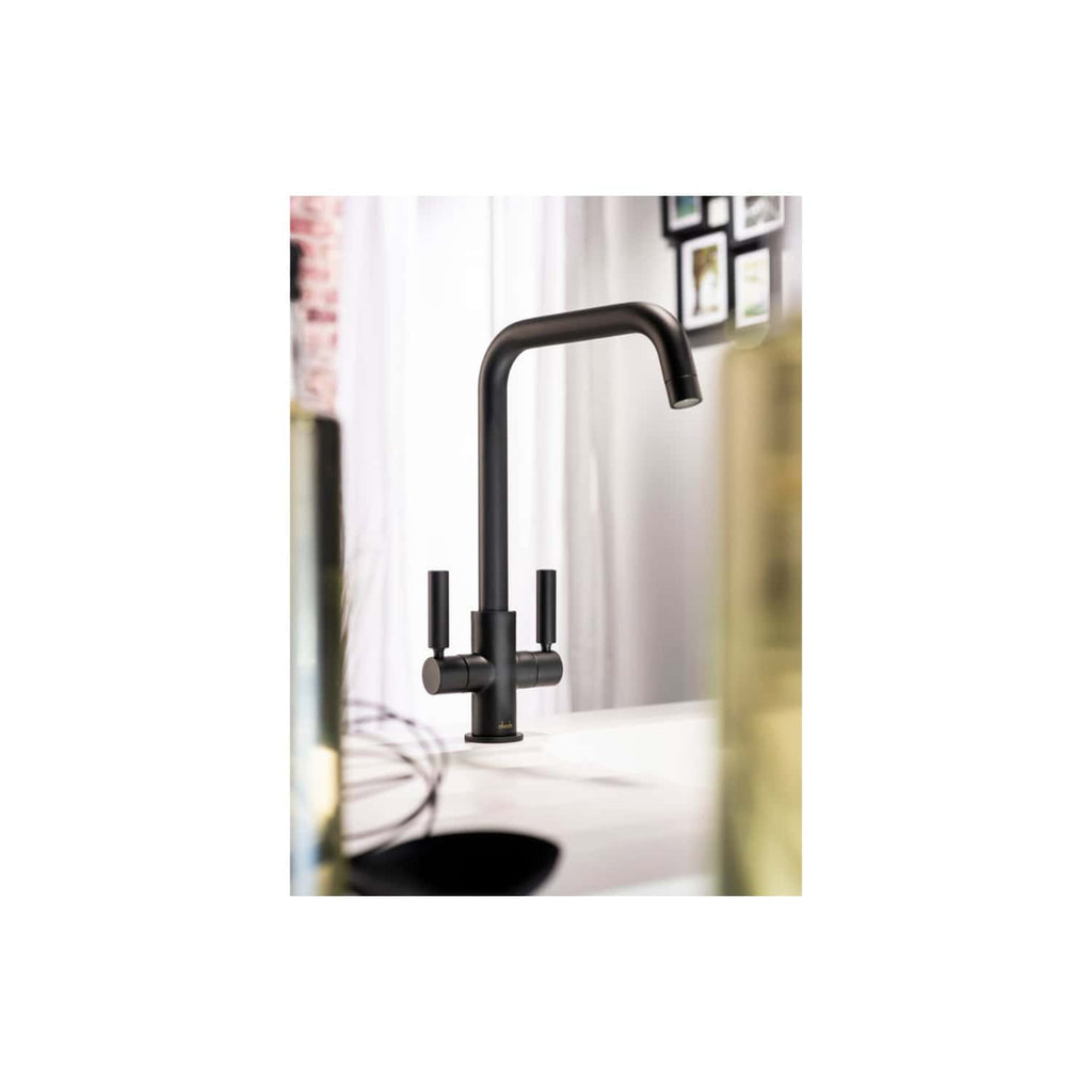Sleek black modern kitchen tap with high-arc spout and dual handles, ideal for contemporary bathroom or kitchen sinks, featuring stylish design and durable finish.
