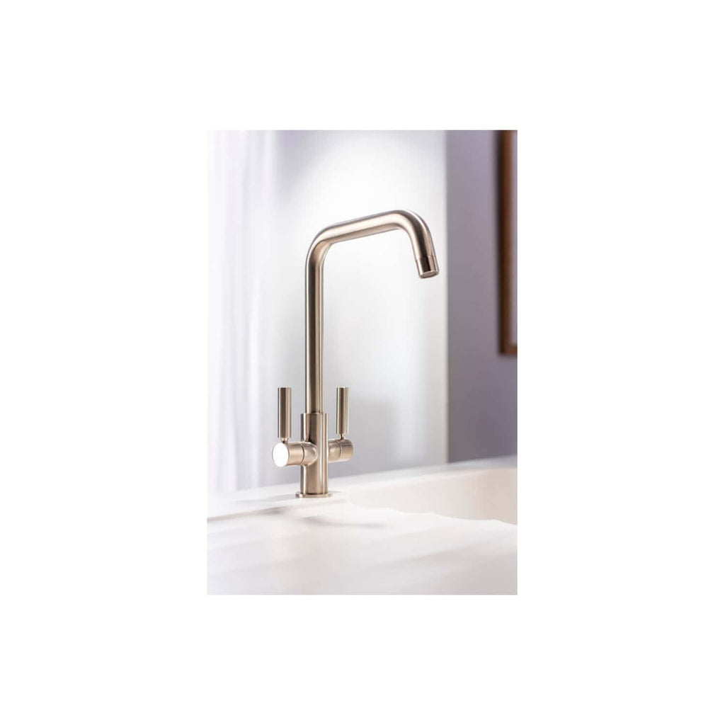 Polished stainless steel kitchen sink tap with high-arc spout and dual lever handles, ideal for modern bathroom or kitchen remodels, featuring sleek contemporary design from Bubly Bathrooms.