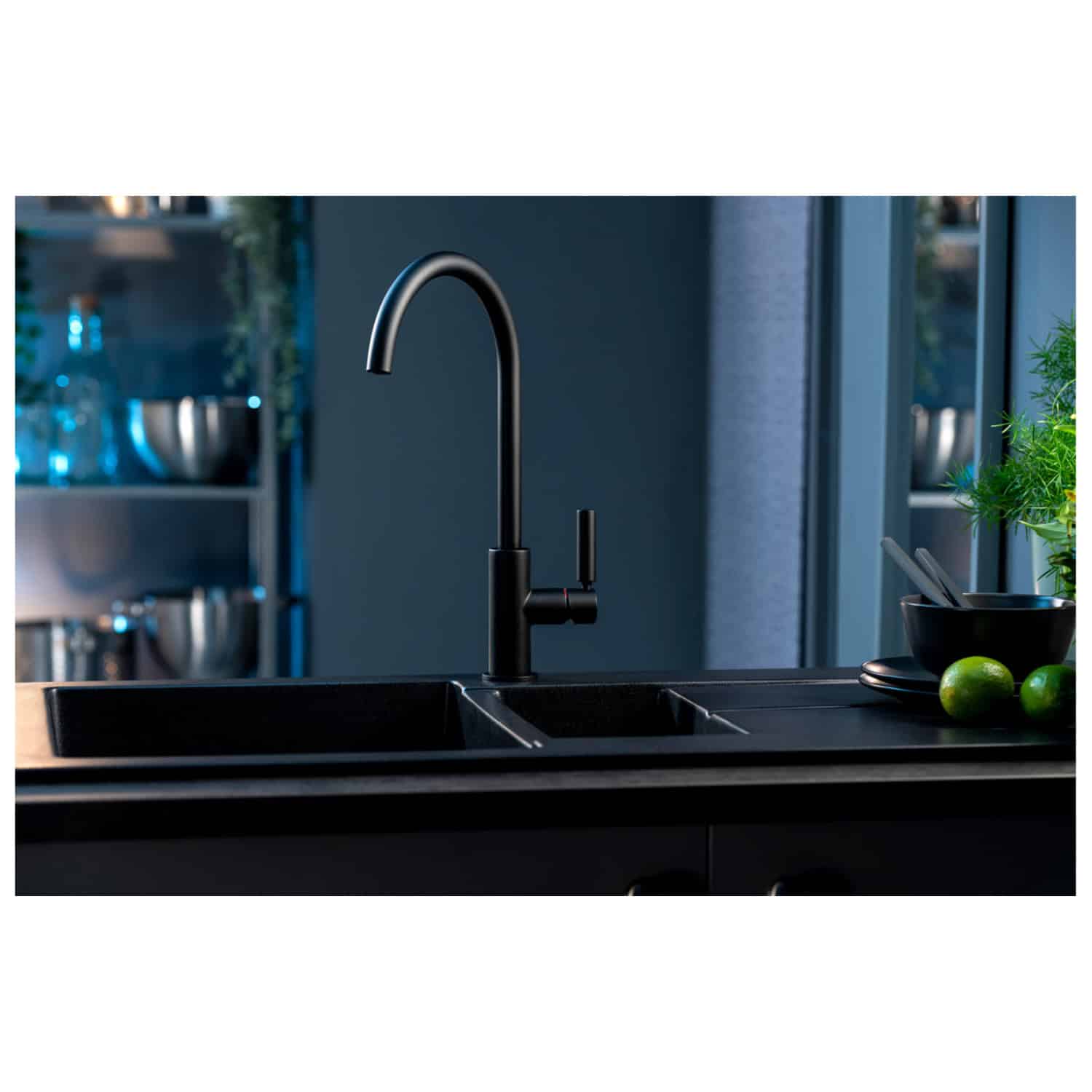 Sleek black kitchen sink and modern black tap with high-arc design, perfect for contemporary bathrooms and kitchens. Ideal for stylish, functional kitchenware and fixtures.