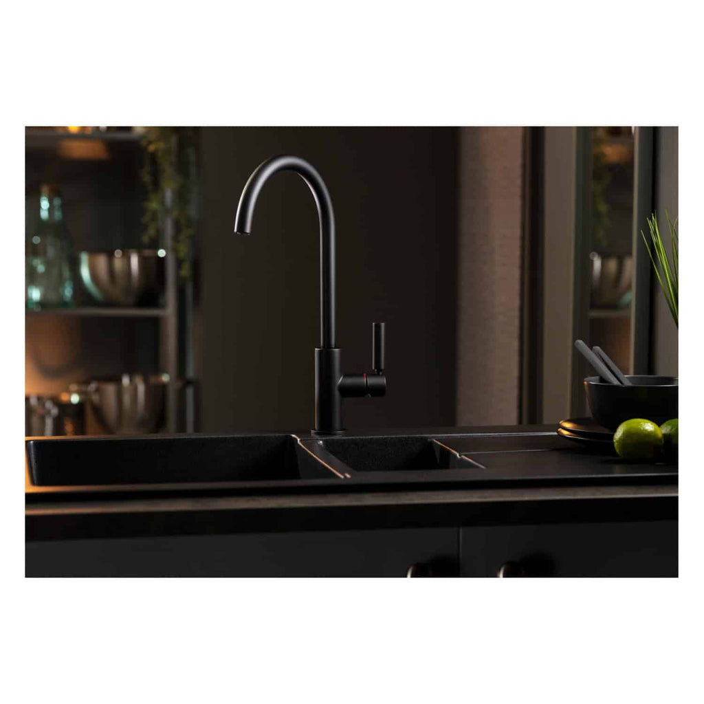 Modern black kitchen sink faucet with high arch design in a contemporary kitchen setting. Perfect for stylish, functional kitchen upgrades.