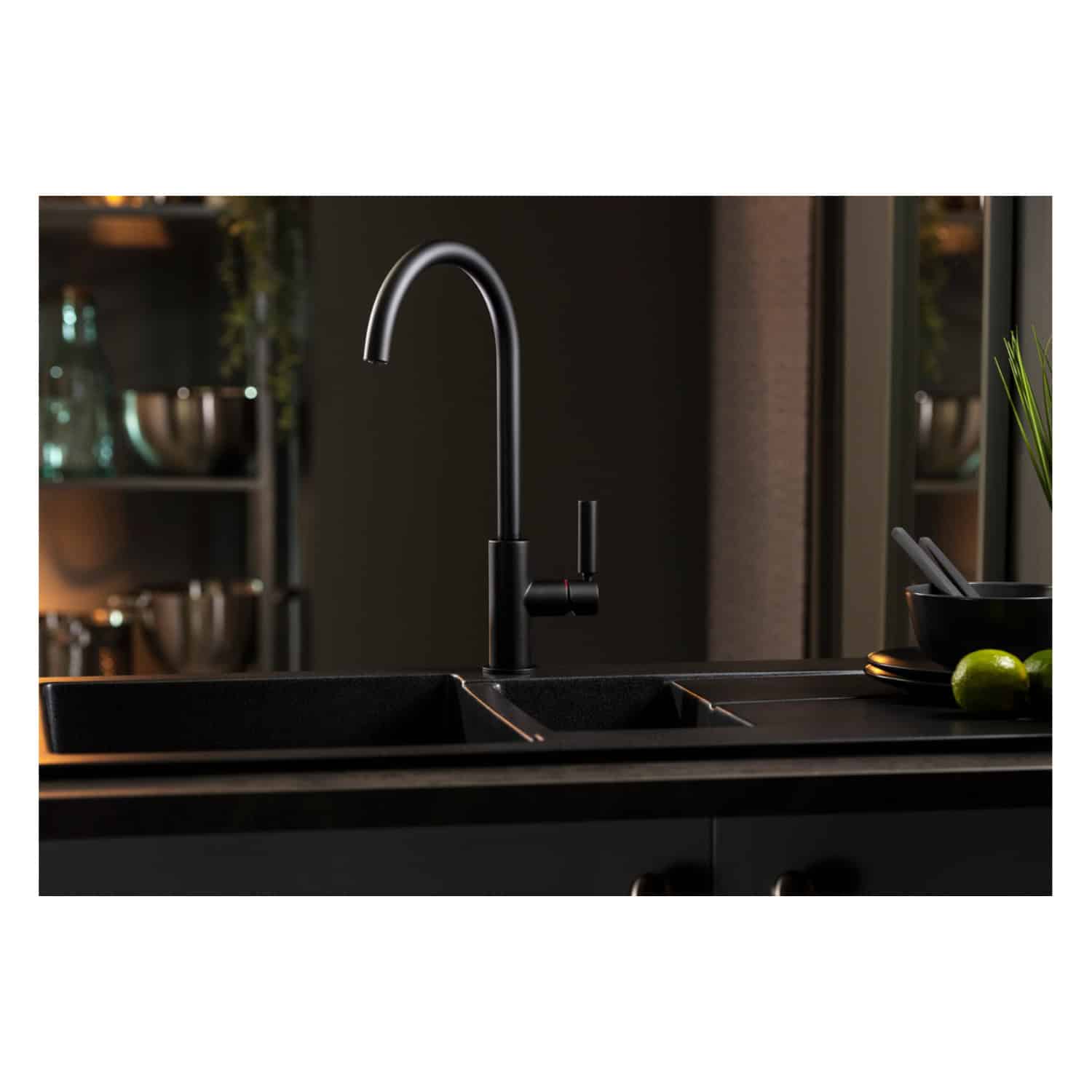 Modern black kitchen sink faucet with high arch design in a contemporary kitchen setting. Perfect for stylish, functional kitchen upgrades.