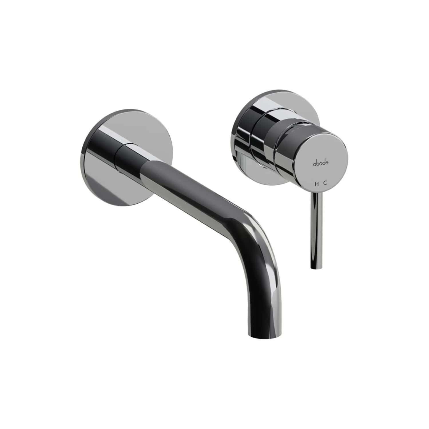 Sleek chrome wall-mounted bathroom tap with matching control lever, designed for modern and contemporary bathrooms for easy water temperature and flow adjustment.