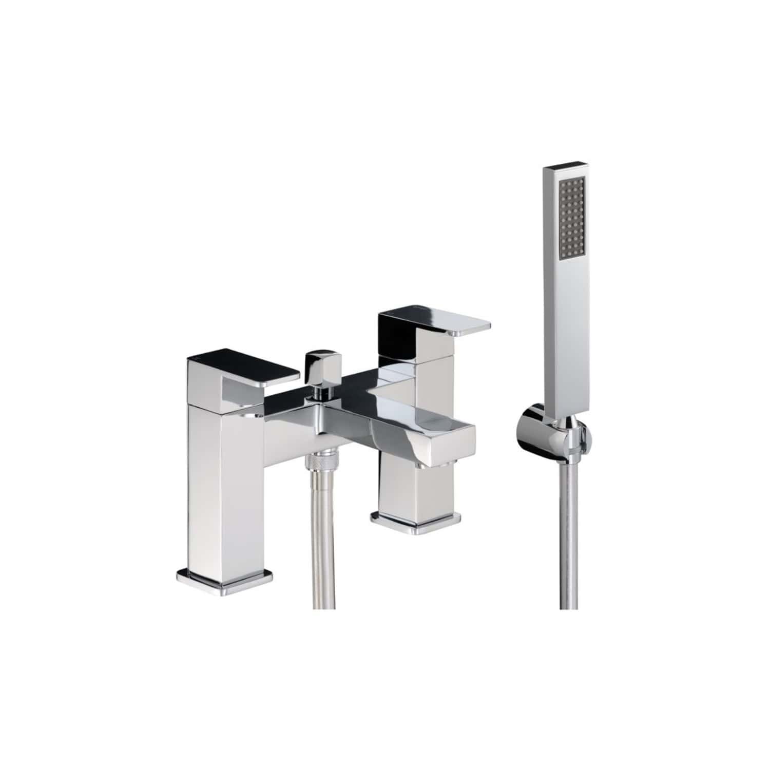 Sleek modern chrome bathroom tap with matching handheld shower head, designed for stylish and functional bathroom upgrade. Perfect for contemporary bathroom settings.