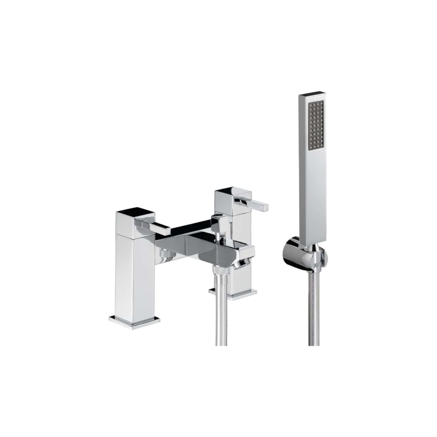 Polished chrome bathroom faucet and handheld shower head set for Bubly Bathrooms, modern and stylish fixtures for contemporary bathroom design.