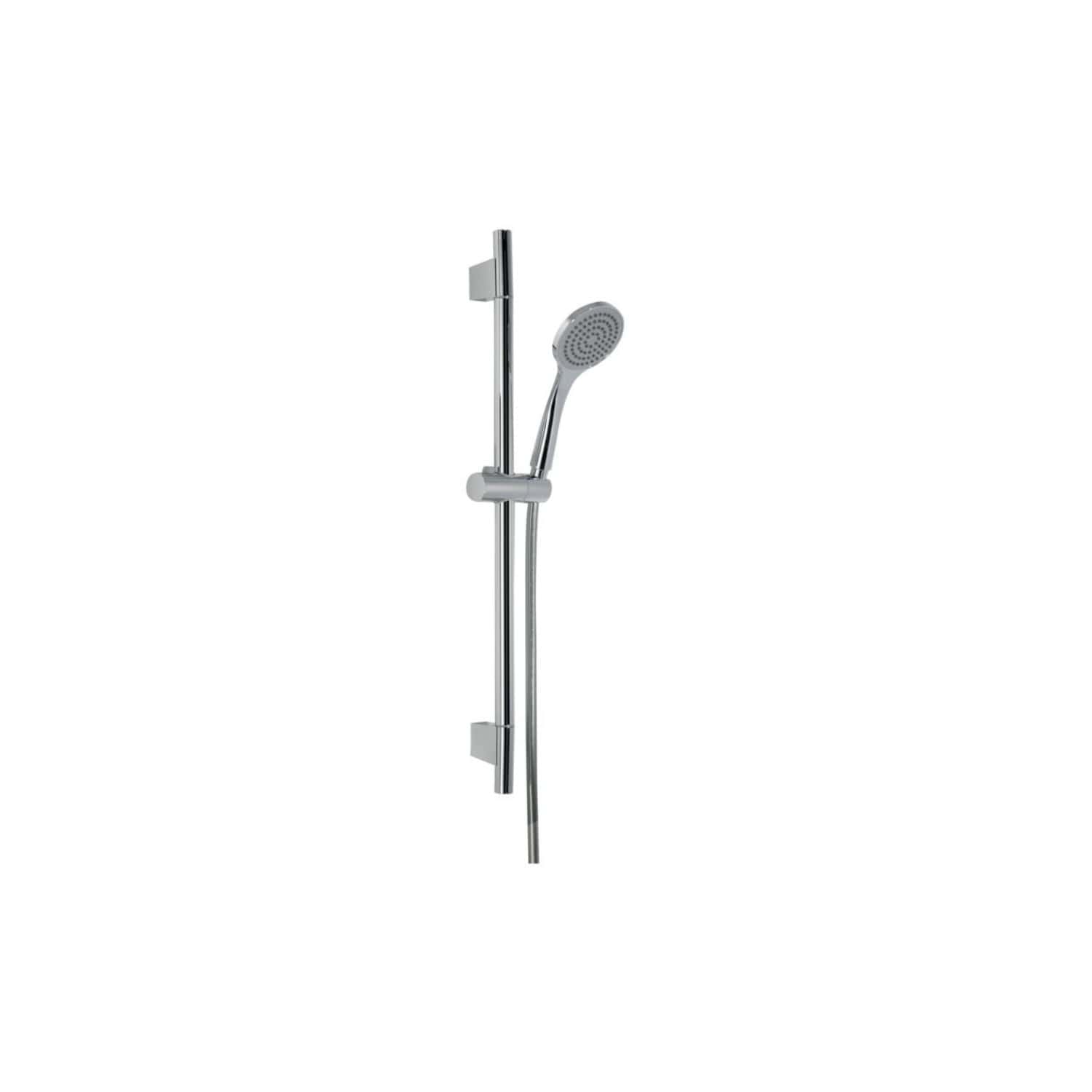Polished chrome shower rail with adjustable handheld shower head, modern bathroom shower fixture, durable and stylish for luxury bathrooms.