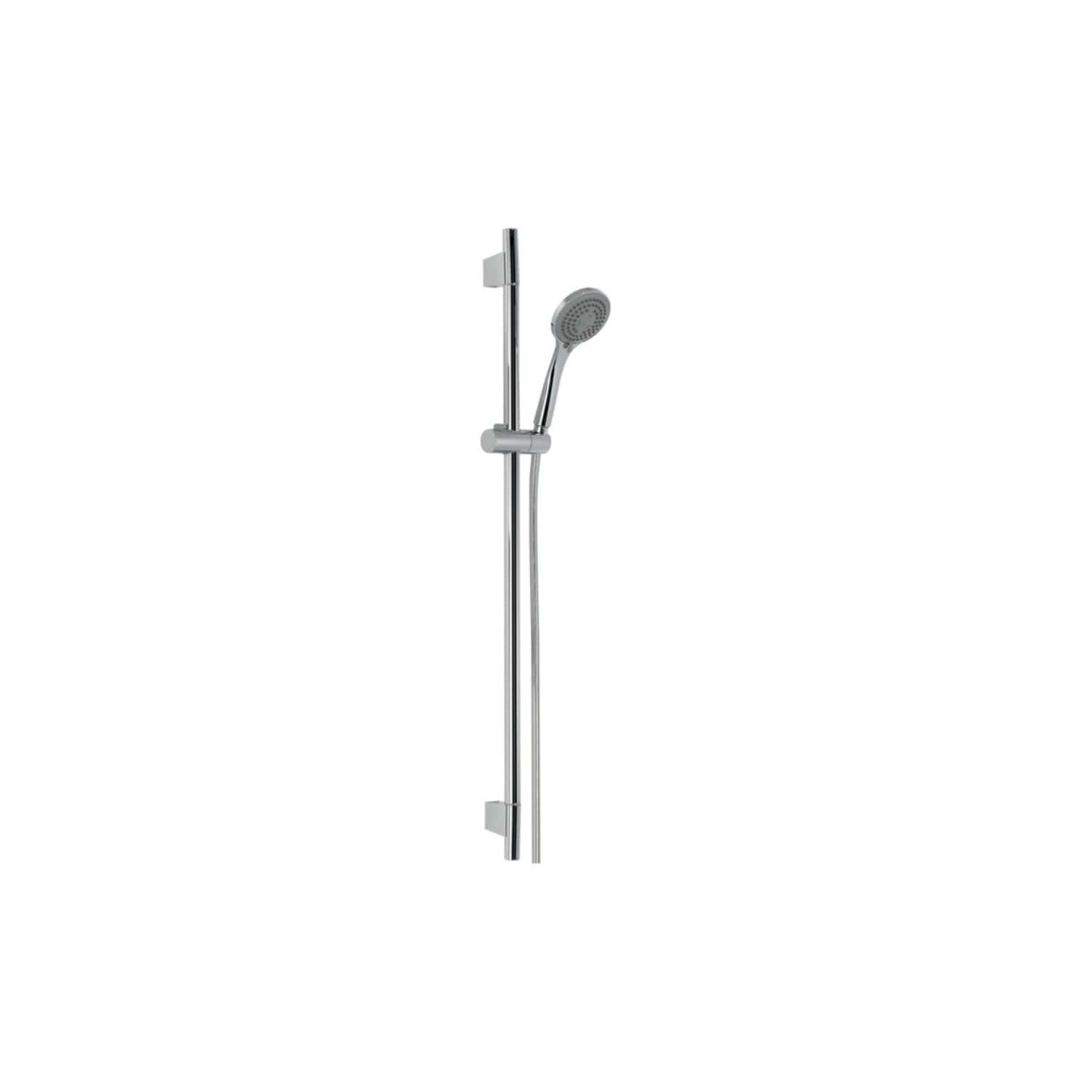 Polished chrome shower rail with adjustable handheld shower head and slide bar for modern bathroom renovations. Durable and easy to install, ideal for contemporary bathrooms.