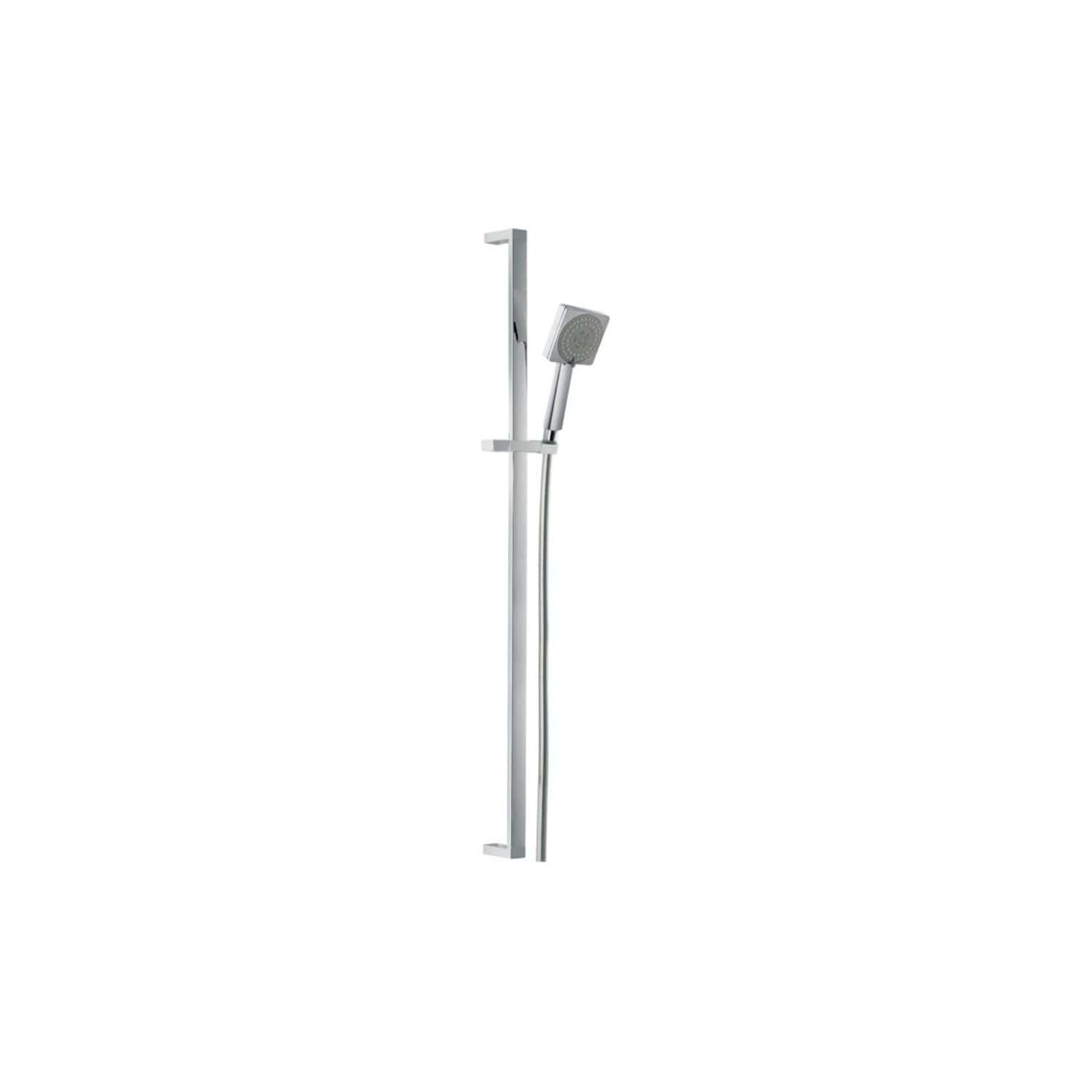 Modern steel outdoor shower with adjustable handheld showerhead and vertical bar for bathroom or garden use.