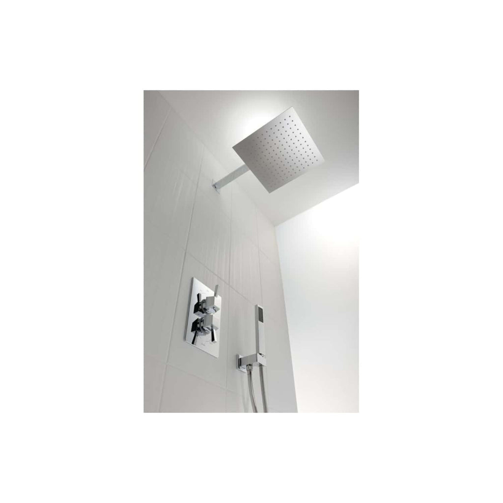 Sleek modern bathroom shower system with square rain shower head, control valve, handheld shower attachment and minimalist design for luxury bathroom renovation.