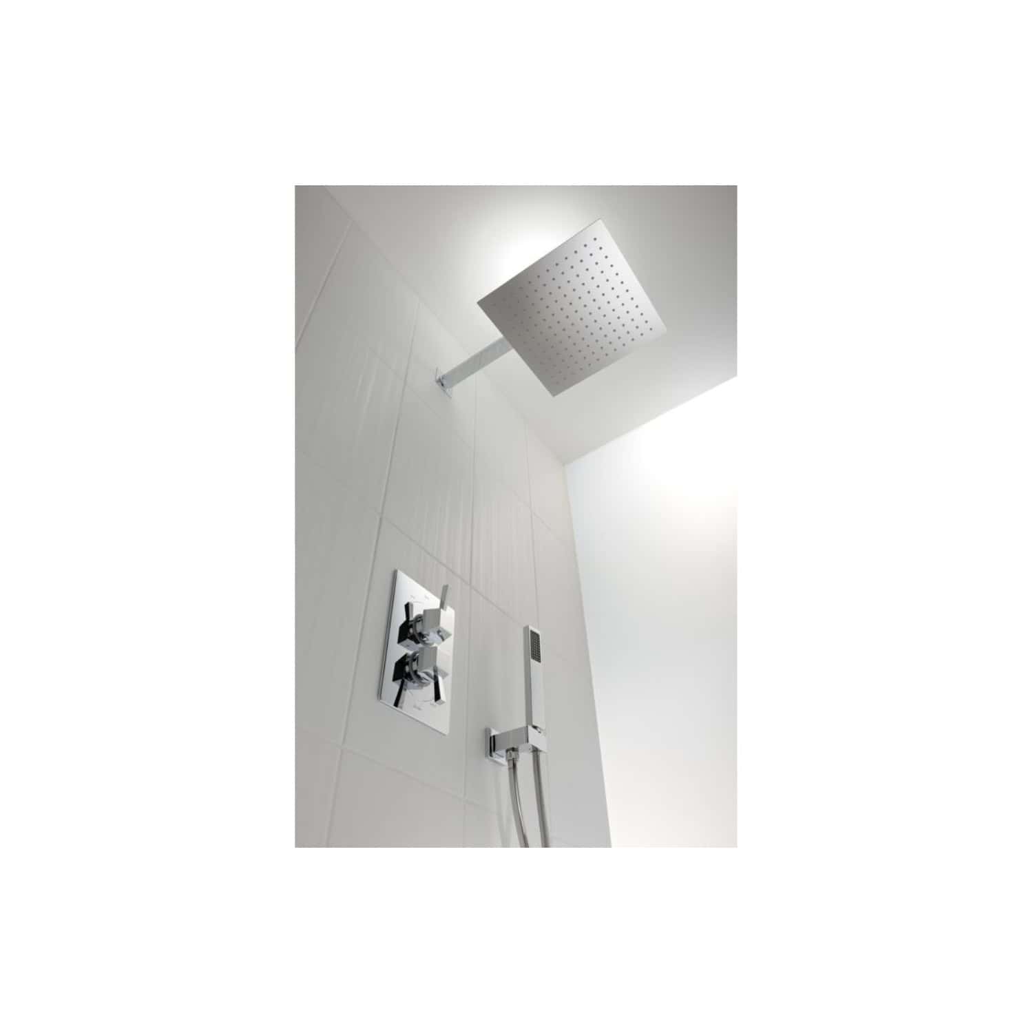 Sleek modern bathroom shower system with square rain shower head, control valve, handheld shower attachment and minimalist design for luxury bathroom renovation.