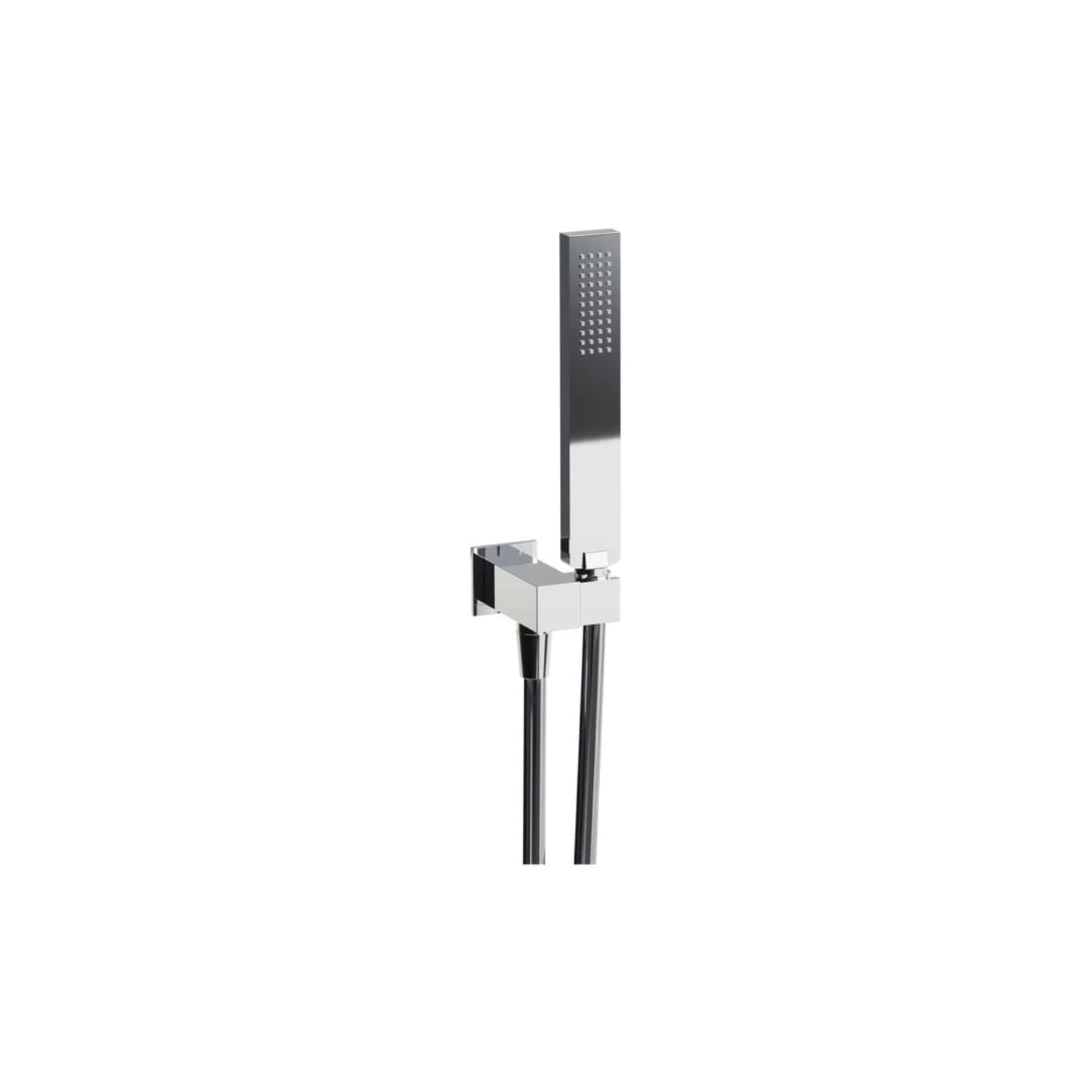 Sleek modern chrome bathroom shower handset with adjustable height and flexible hoses, designed for luxury bathroom upgrade and durable performance.