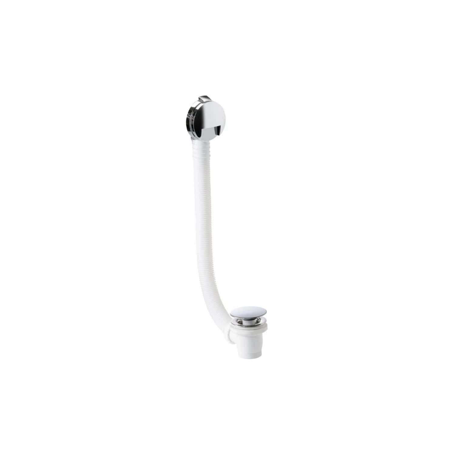 Flexible white sink overflow pipe with chrome trim, ideal for bathroom washbasins and sinks, ensuring safety and preventing overflow in modern bathroom installations.