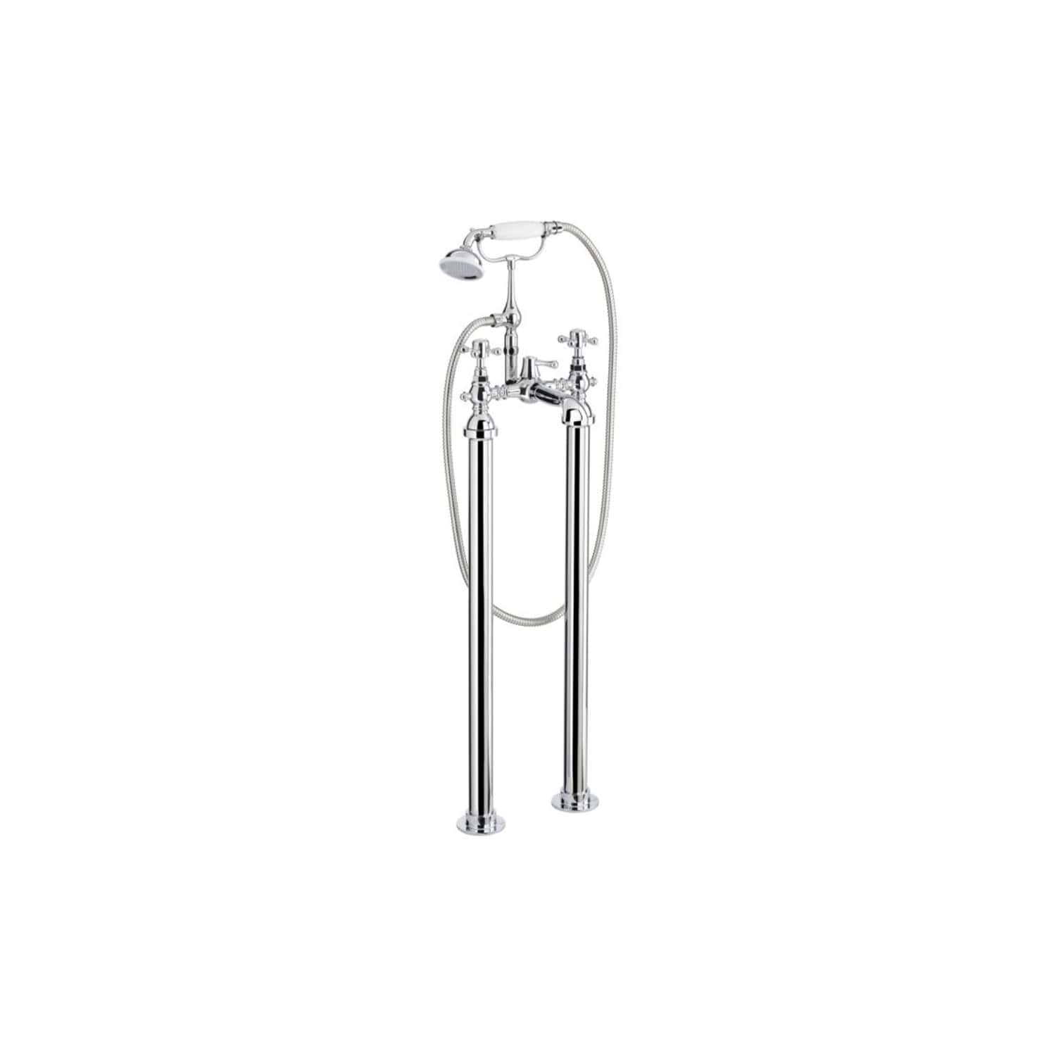 Polished chrome freestanding bathtub filler with handheld shower, vintage-style taps, and exposed plumbing, ideal for luxurious bathroom conversions and classic bathroom designs.