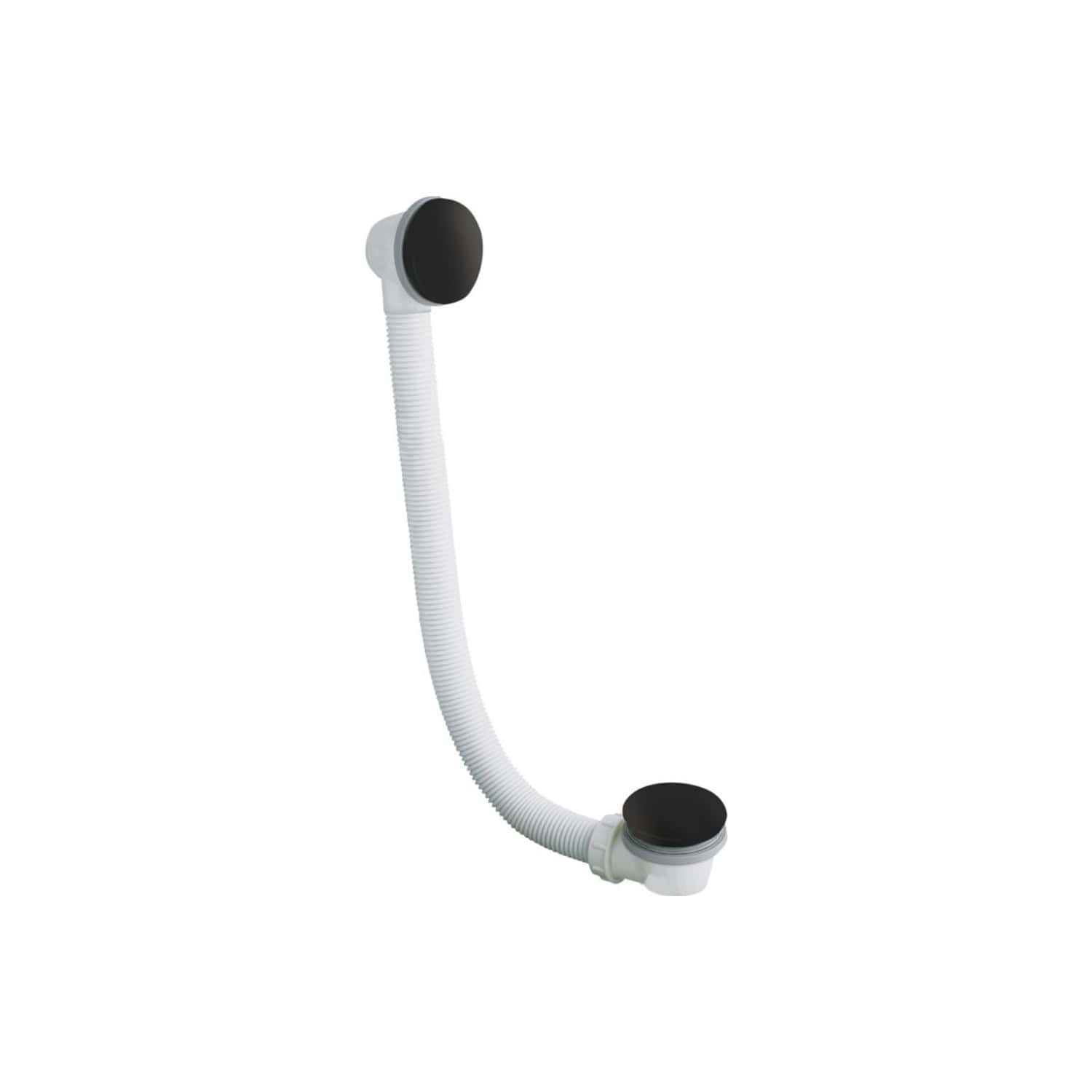Flexible bathroom waste pipe with black sealing caps, ideal for sink and basin installations. Durable plastic construction for reliable plumbing connections and easy installation.
