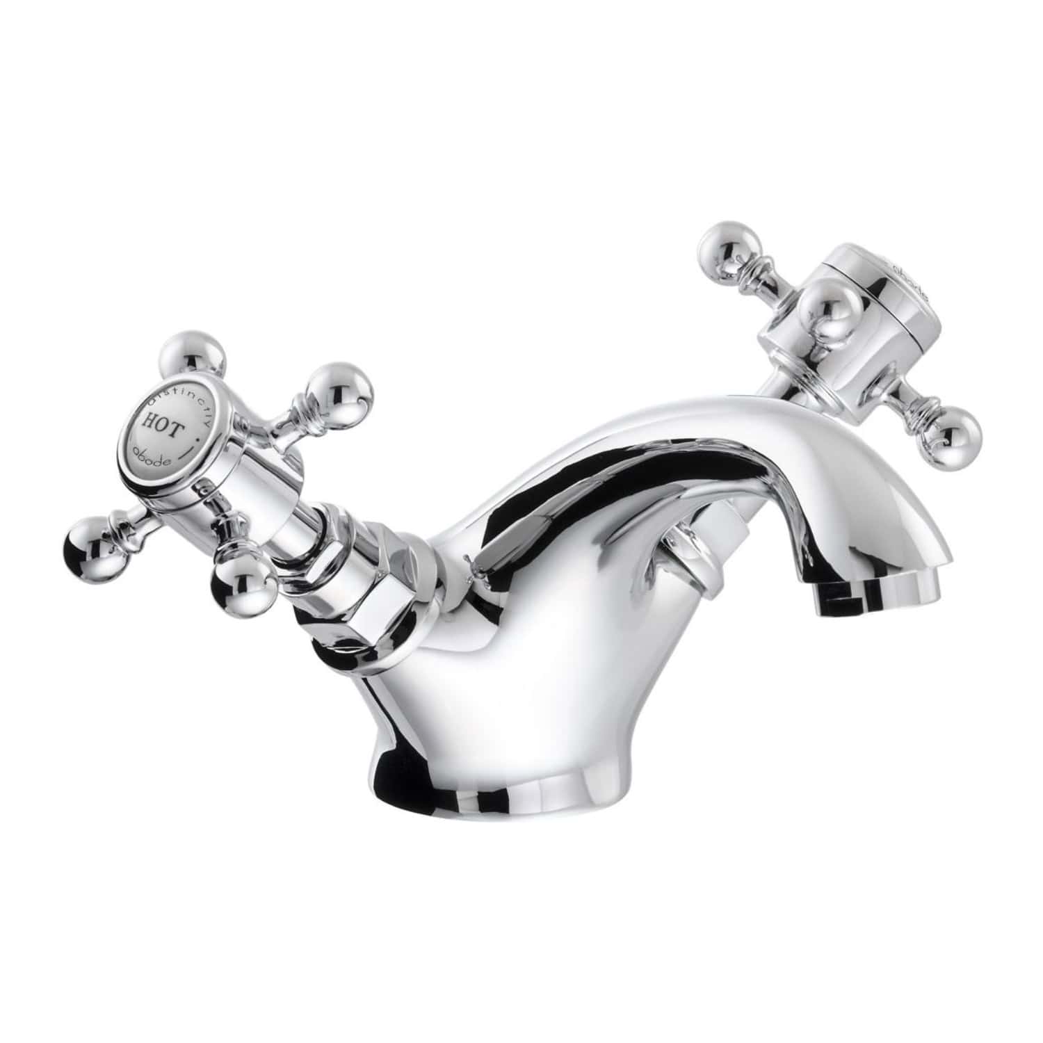 Polished chrome bathroom tap with dual cross handles, traditional design, and hot water indicator, ideal for classic bathroom decor and reliable water control.