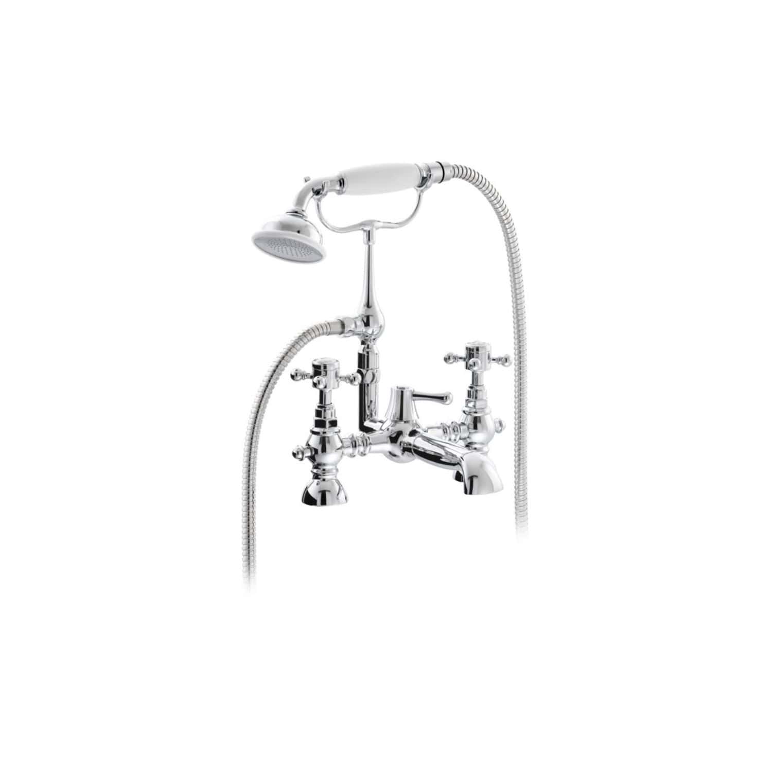 Chrome vintage-style bathtub tap with handheld shower head, suitable for classic bathroom decor and plumbing fixtures.