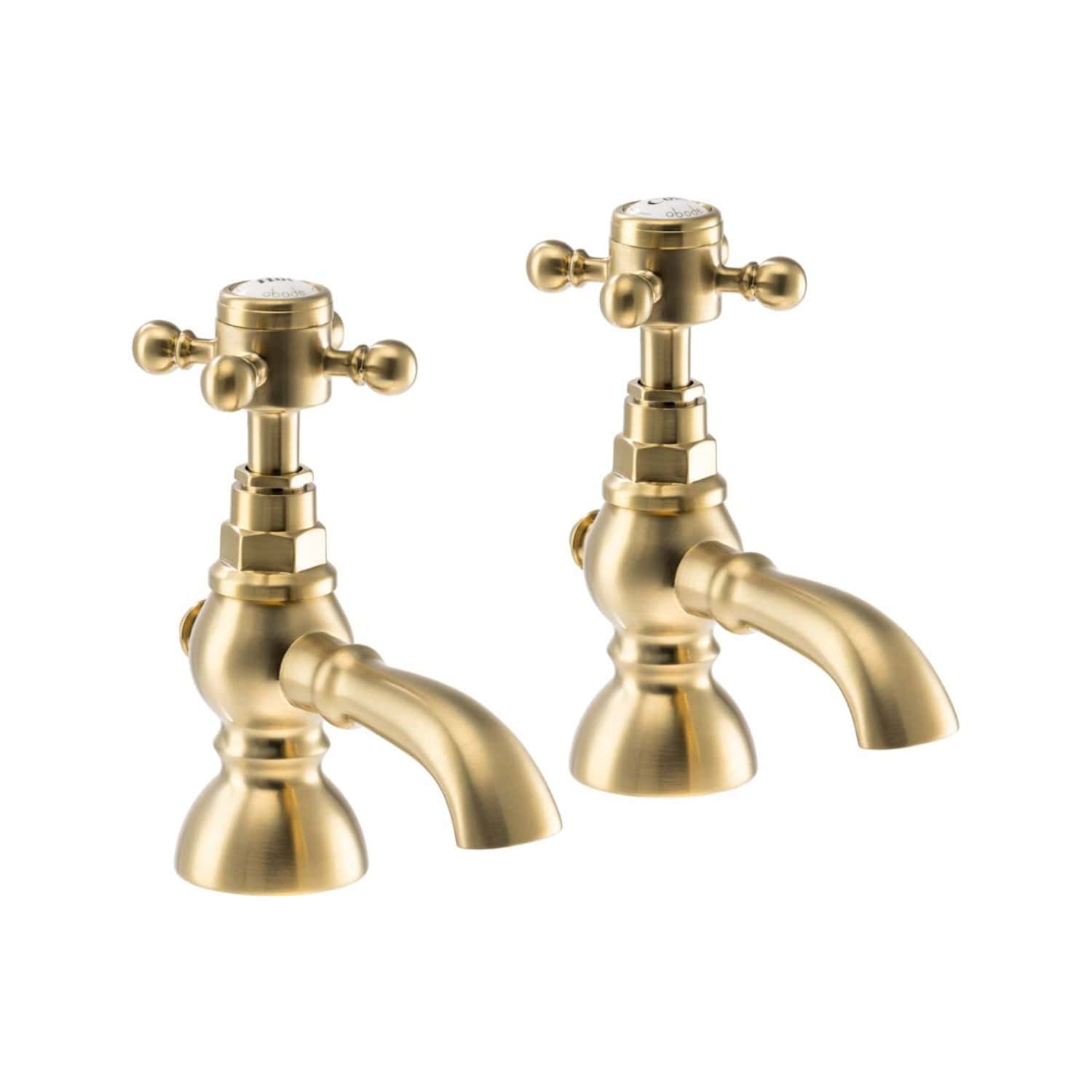 Polished brass vintage-style bathroom sink taps set, traditional design for classic bathroom fixtures, durable and elegant finish, perfect for enhancing bathroom decor with timeless elegance.