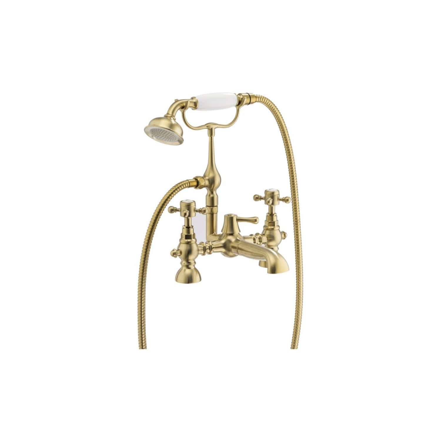 Luxurious gold freestanding vintage-style bath tap with handheld shower, classic cross handles, and flexible hose, perfect for elegant bathroom refurbishments and high-end bathroom fixtures.