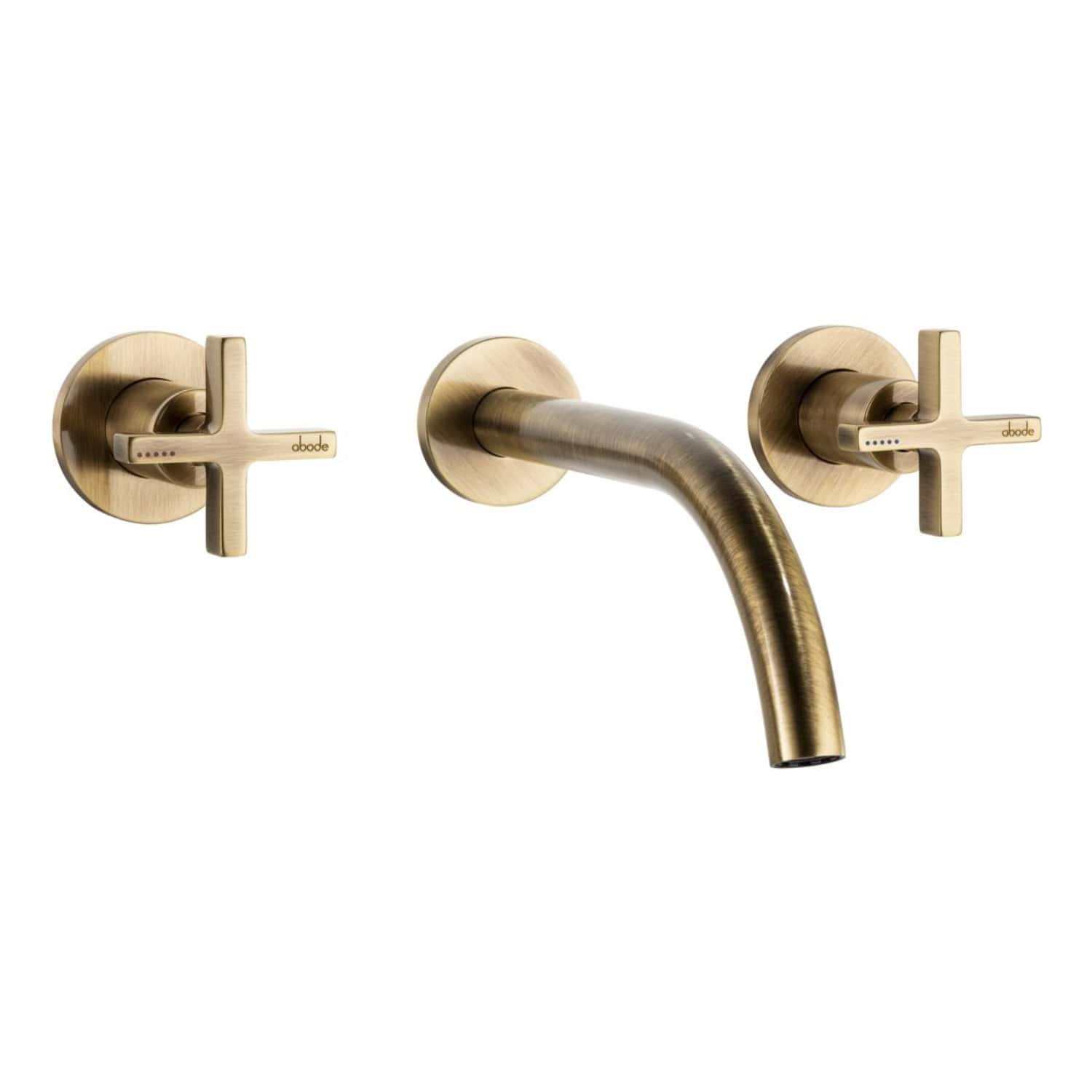 Brass bathroom tap and two cross handles, wall-mounted, modern design suitable for luxury bathrooms, high-quality fixtures from Bubly Bathrooms.