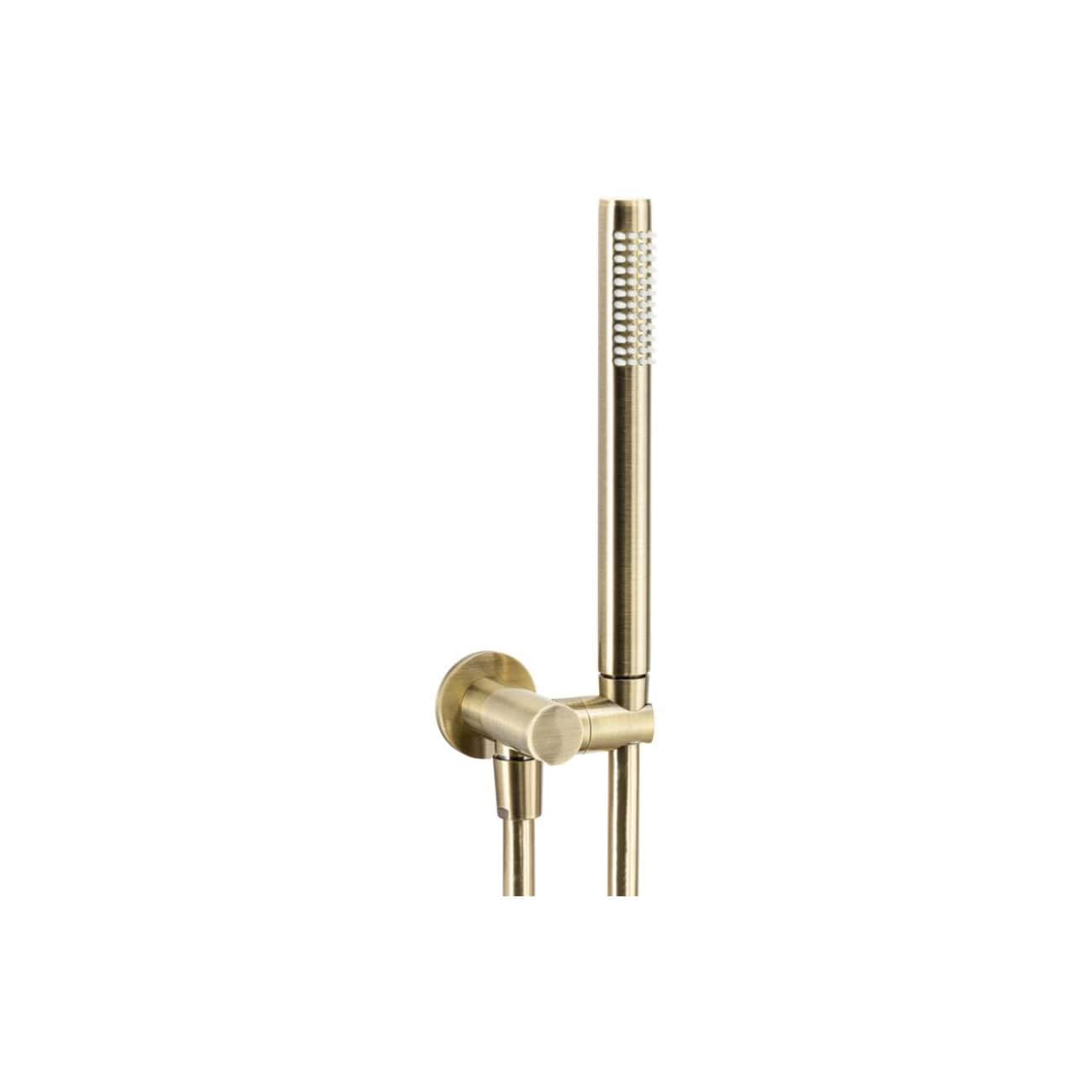 Polished brass handheld shower head with adjustable hose, modern bathroom fixture from Bubly Bathrooms for contemporary bathroom designs.