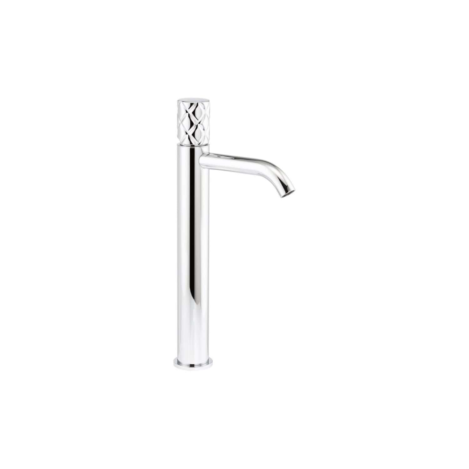 Polished chrome bathroom tap with a textured grip detail, modern and minimalist design perfect for contemporary bathrooms.