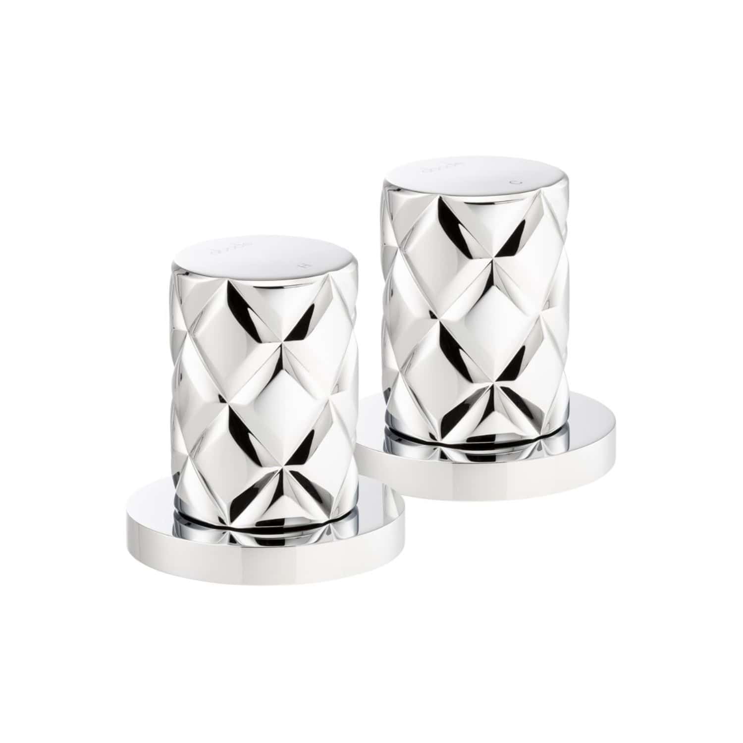Shiny chrome bathroom accessories with geometric diamond pattern design, modern and luxurious style, ideal for upscale bathrooms, by Bubly Bathrooms UK.