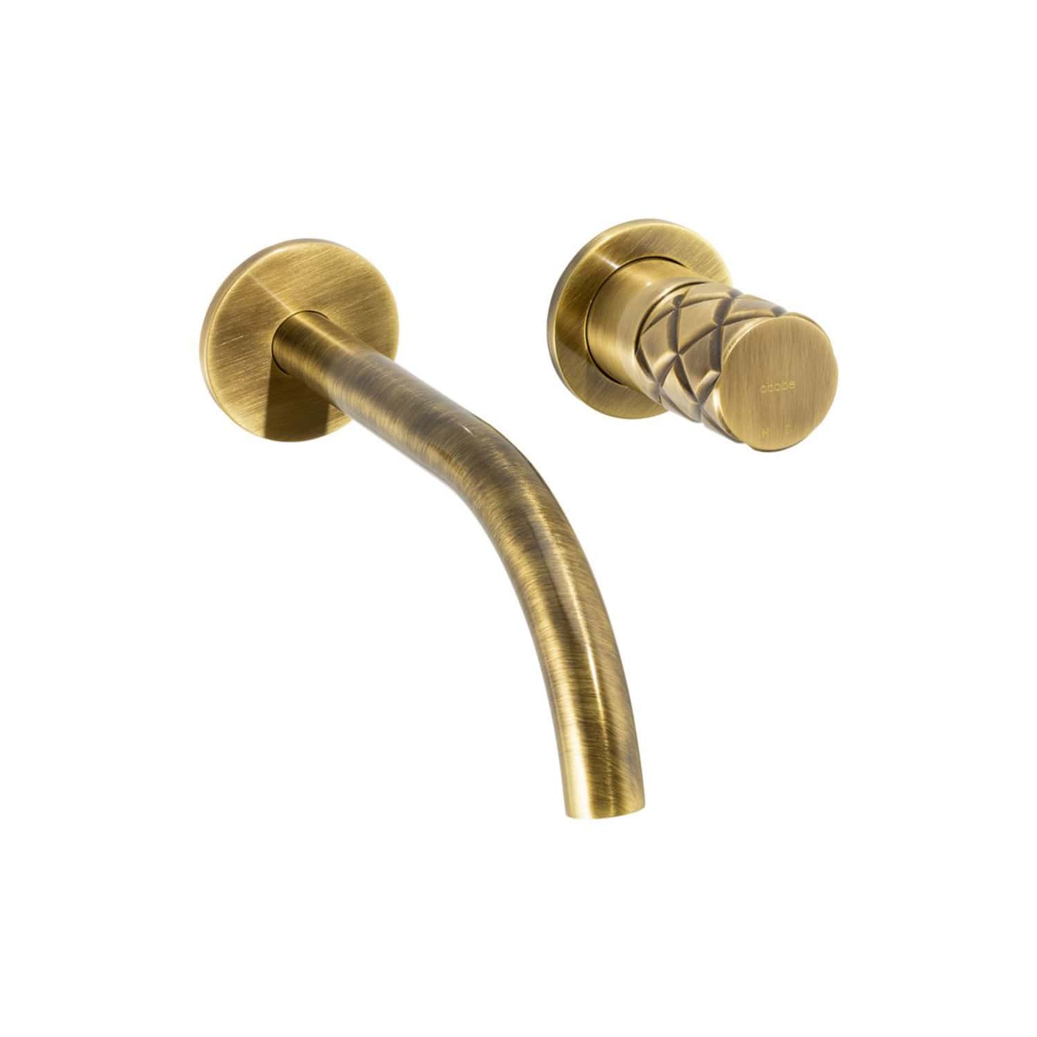 Brass bathroom sink faucet with a sleek curved spout and textured handle, modern and stylish design for elegant bathroom fixtures.