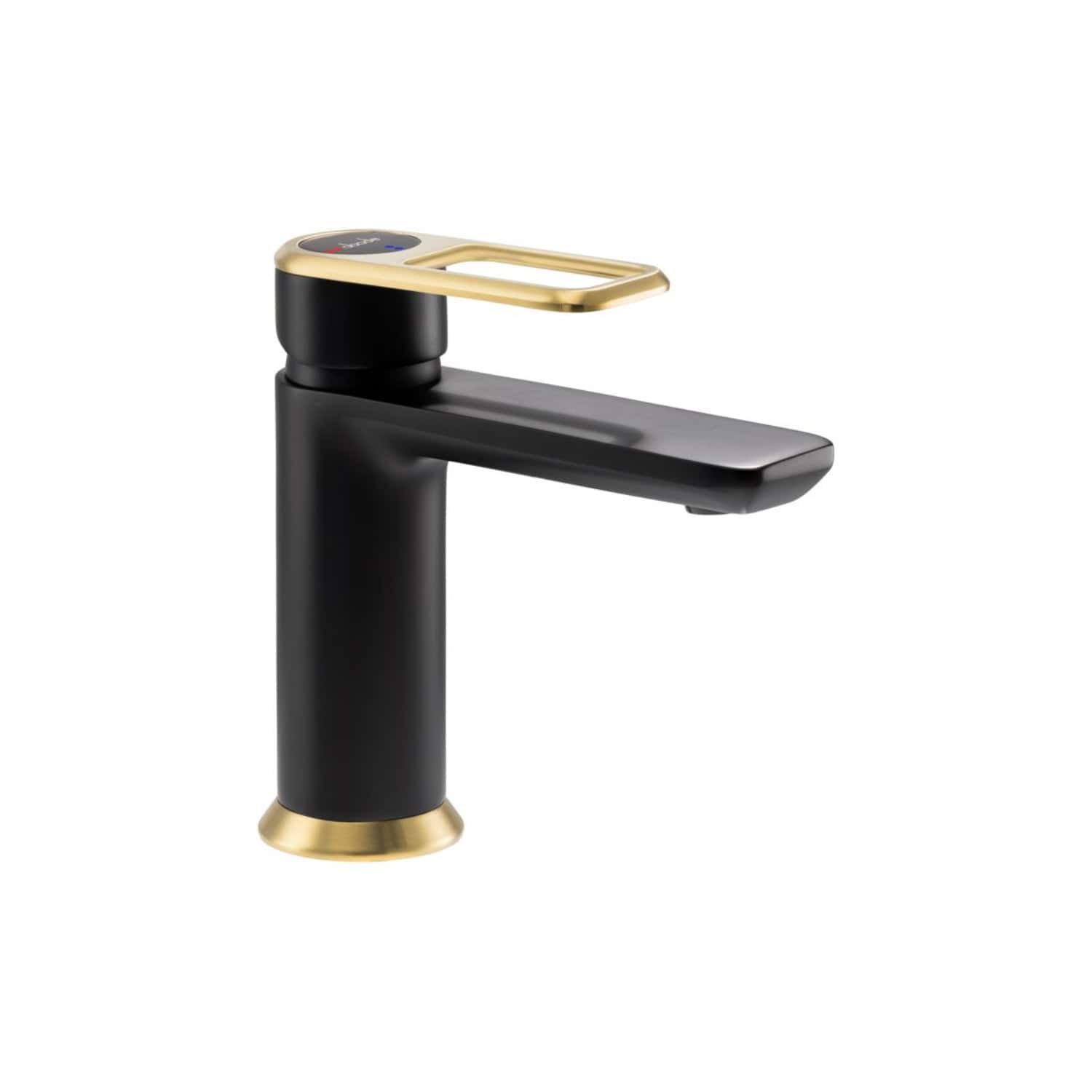 Luxurious black and gold bathroom tap with modern design, sleek matte finish, and single lever control, ideal for stylish contemporary bathrooms and sink installations.