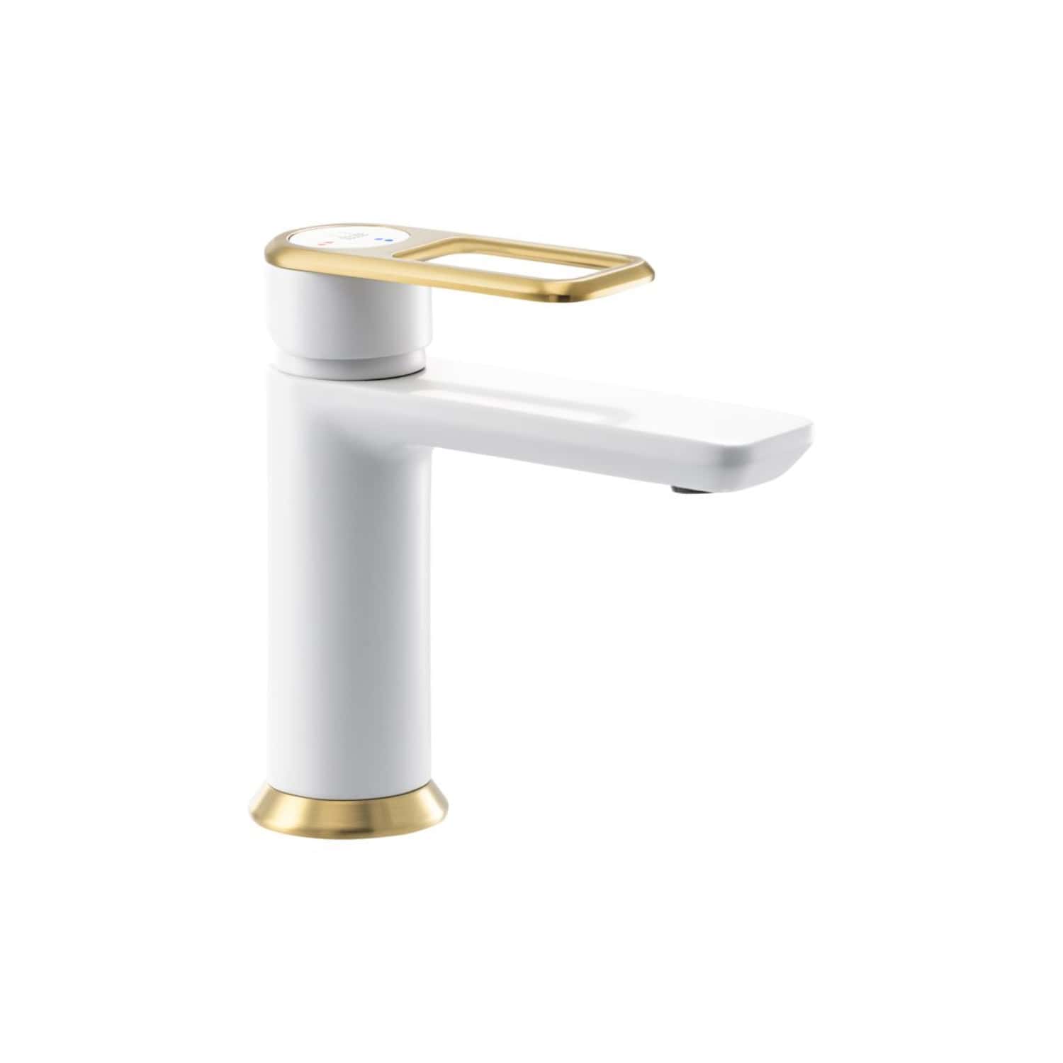 Sleek white bathroom tap with gold accents, modern design, and streamlined faucet for contemporary bathroom interiors. Perfect for stylish and functional bathroom upgrades.