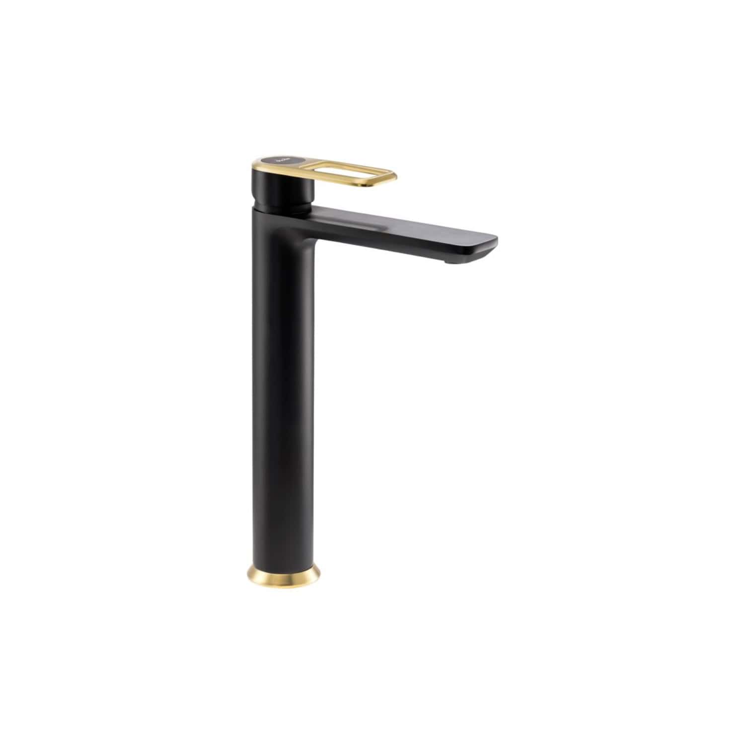 Sleek black bathroom sink faucet with gold accents, modern design, and minimalist style for contemporary bathrooms. Perfect for enhancing bathroom decor and functionality.