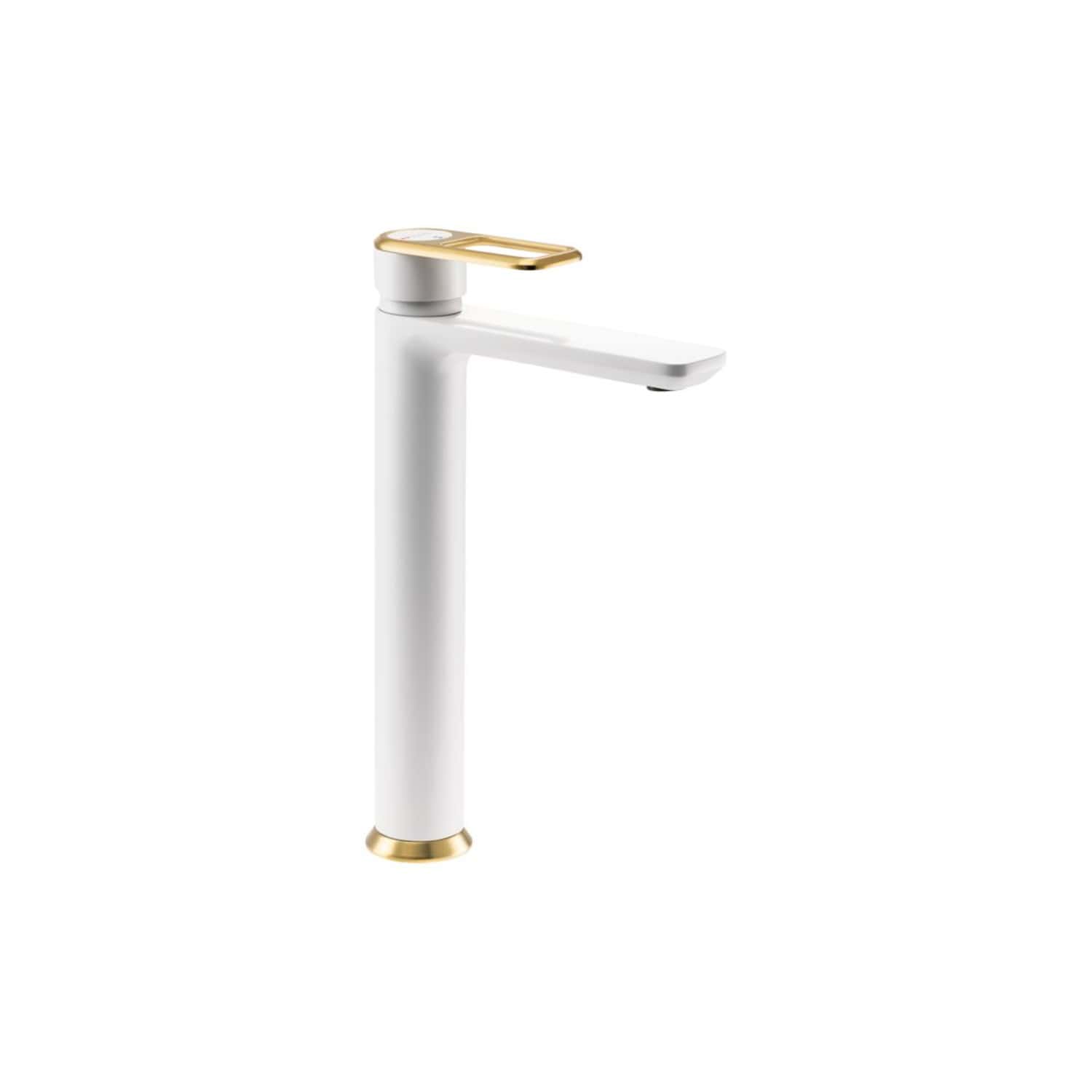 Sleek white bathroom tap with gold accents, modern design, perfect for contemporary bathrooms. Durable and stylish fixture for kitchen or bathroom sinks, enhancing aesthetic appeal.