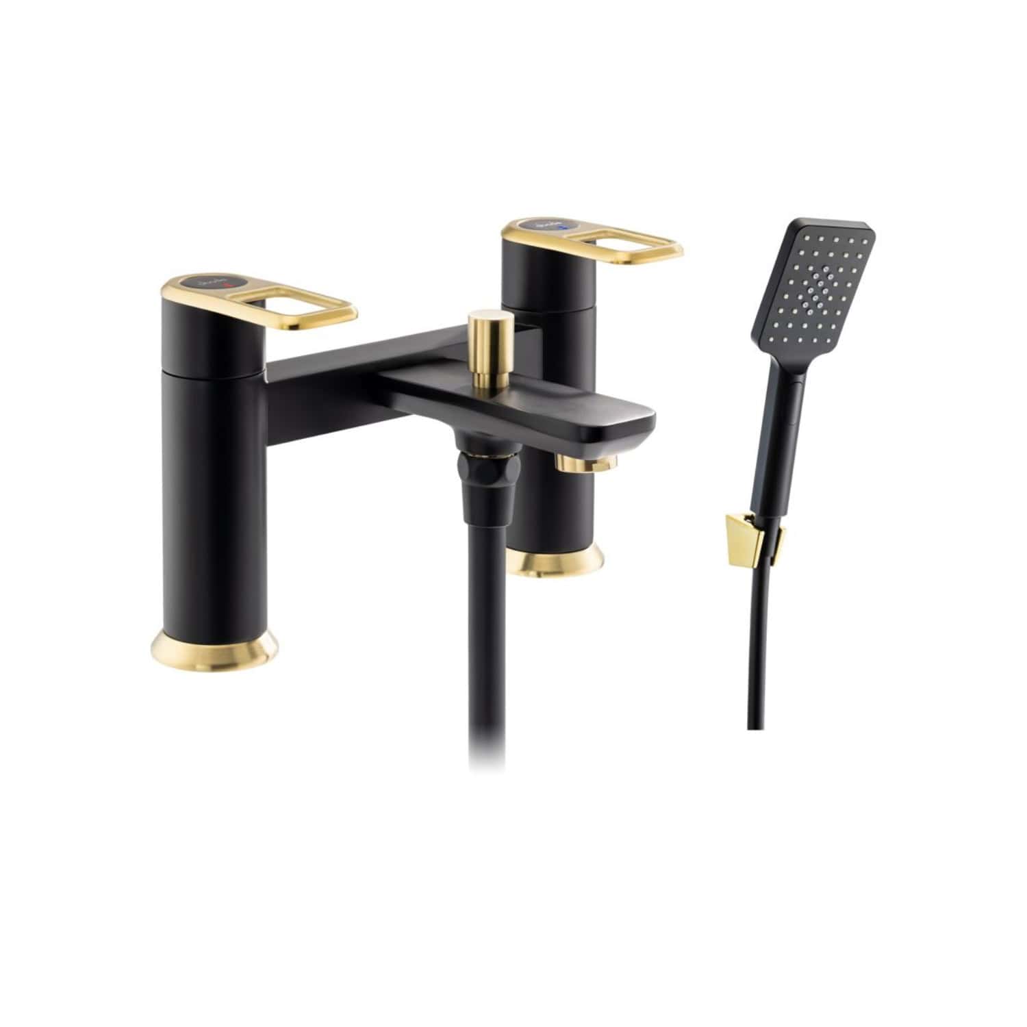 Elegant black and gold bathroom tap set with matching shower head, modern design perfect for luxury bathroom renovations and high-end fixtures.