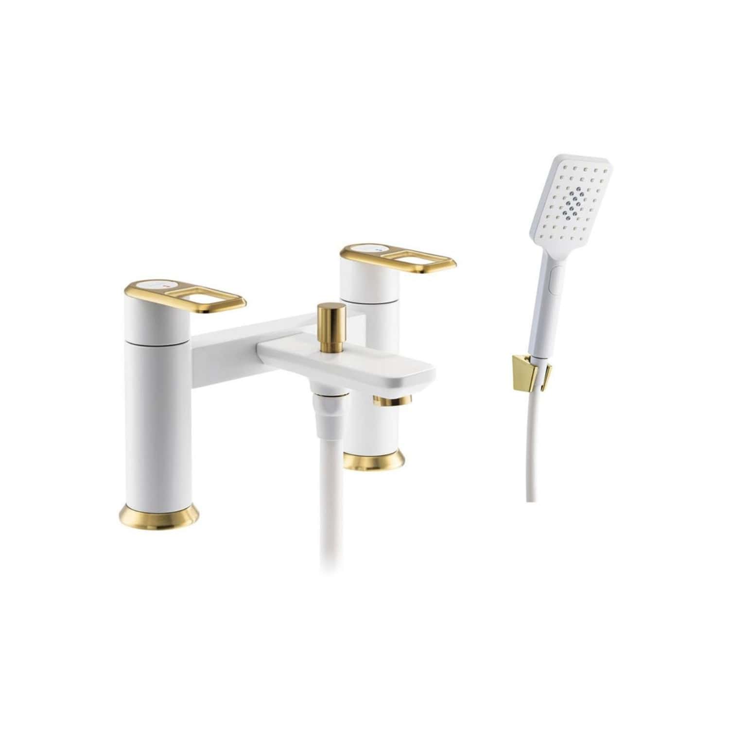 Contemporary white and gold bathroom faucet set with matching handheld shower head, modern design, and sleek finish, perfect for elegant bathroom upgrades and luxury shower installations.