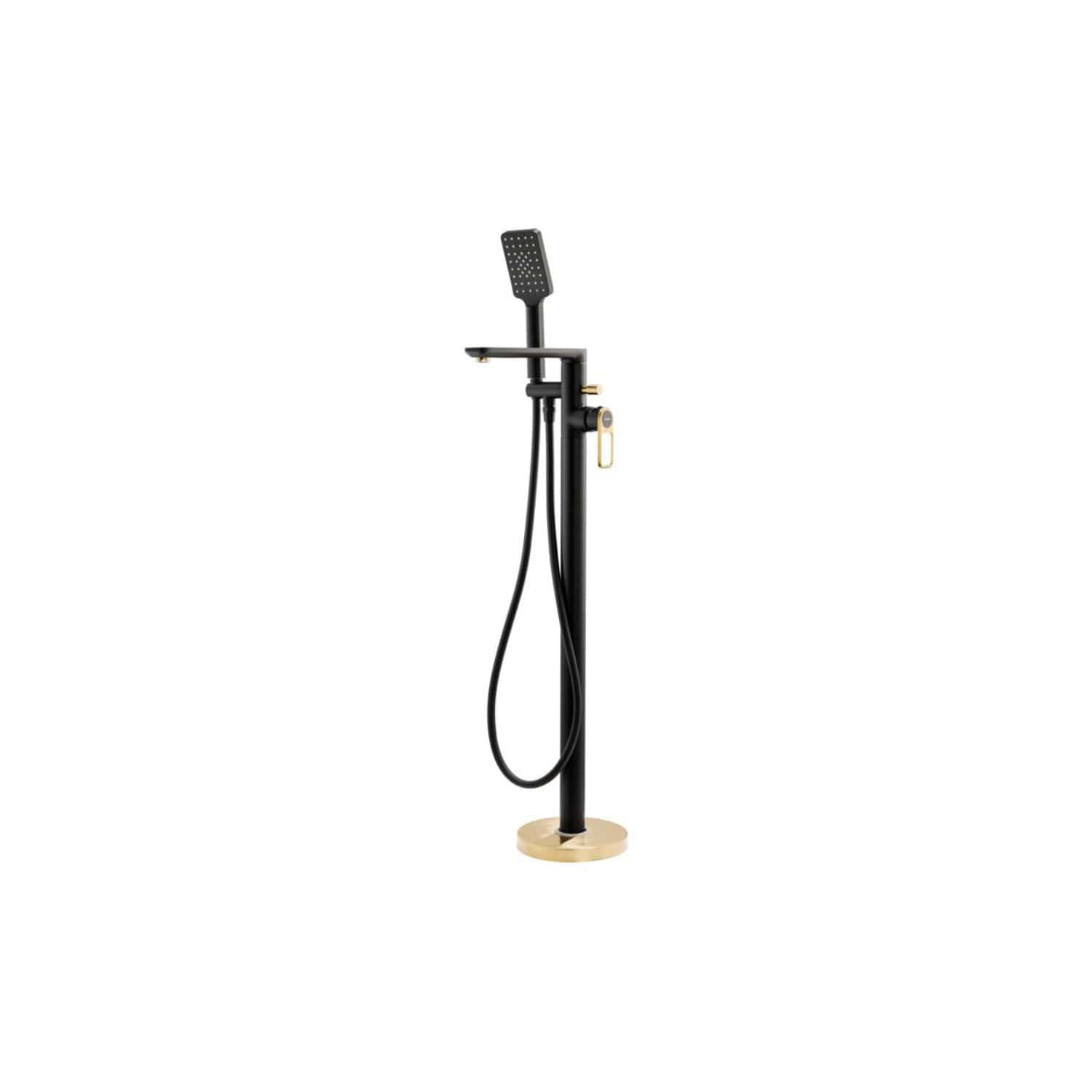 Modern black freestanding bathroom shower panel with handheld showerhead and sleek gold accents, perfect for contemporary bathroom renovation and luxury wet room designs.