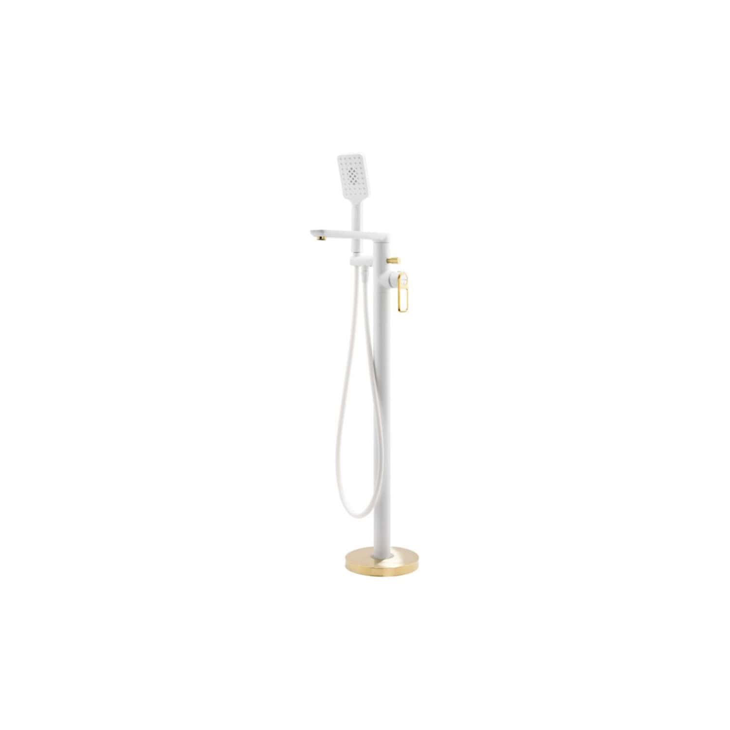 Modern freestanding white and gold bathroom shower column with handheld showerhead for stylish and functional Bathing Experience | Bubly Bathrooms.