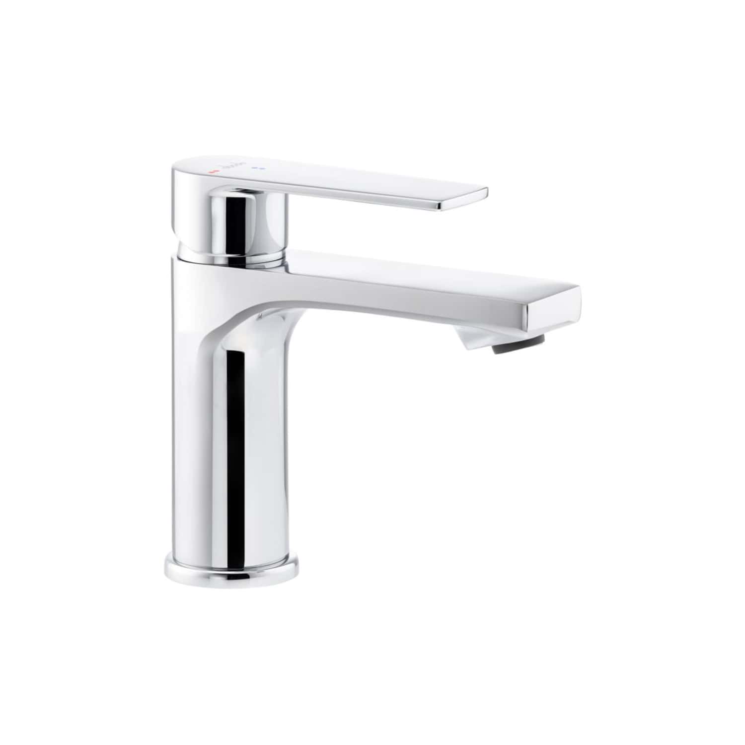 Sleek chrome bathroom sink faucet with single lever handle for modern bathroom decor and efficient water control.