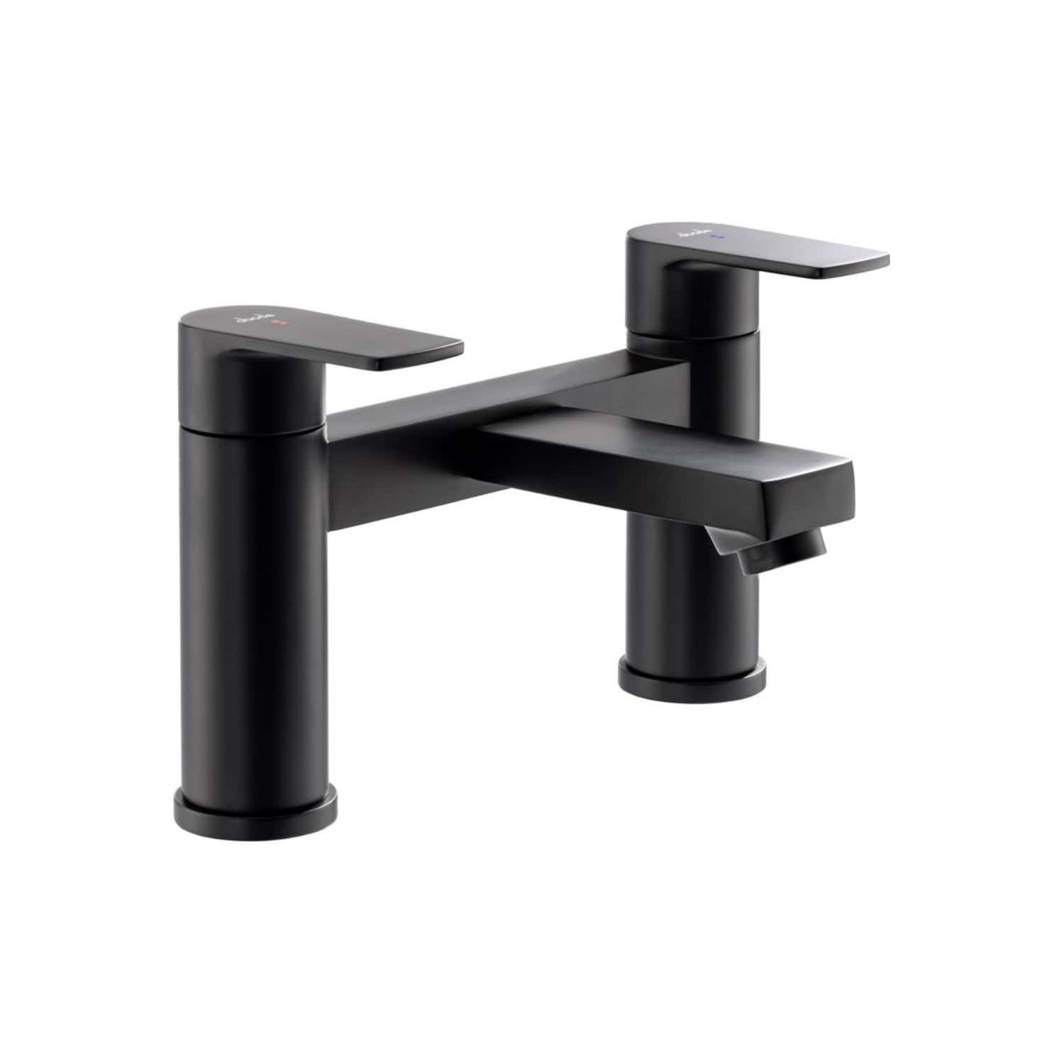 Modern black bathroom mixer tap with dual handles for hot and cold water, sleek design, suitable for contemporary bathroom sinks. Perfect for stylish and functional bathroom upgrades.