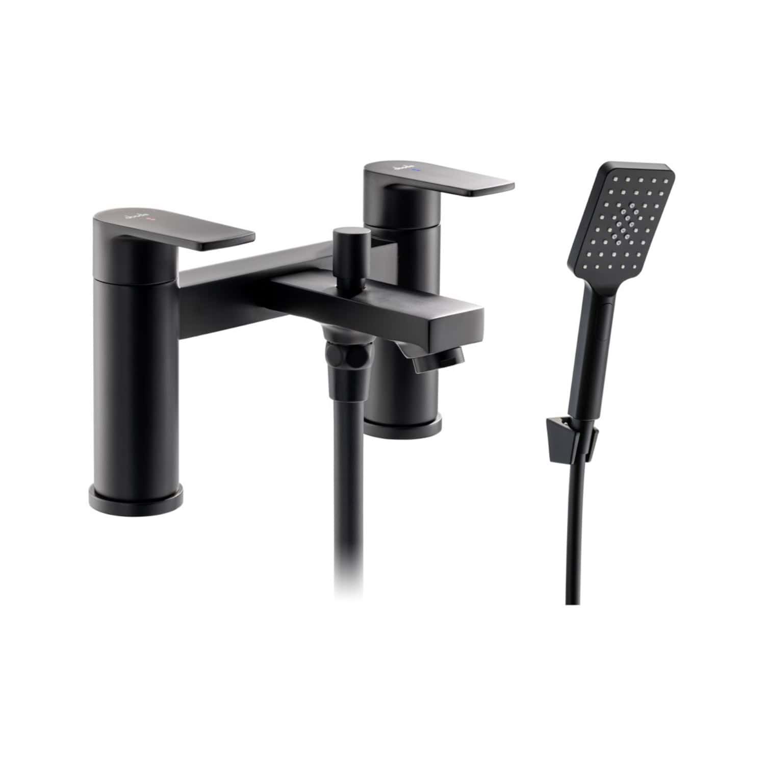Modern black bathroom mixer tap with matching hand shower, ideal for stylish modern bathrooms and renovation projects. Features sleek matte black finish and easy control for bath or basin use.