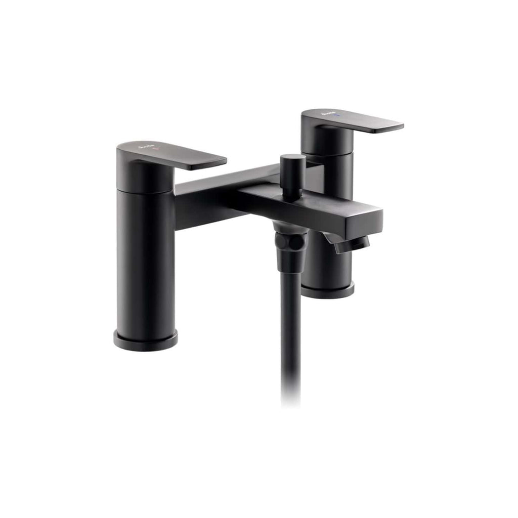 Sleek matte black bathroom tap with dual handles and modern design, perfect for contemporary bathrooms, combining style and functionality.