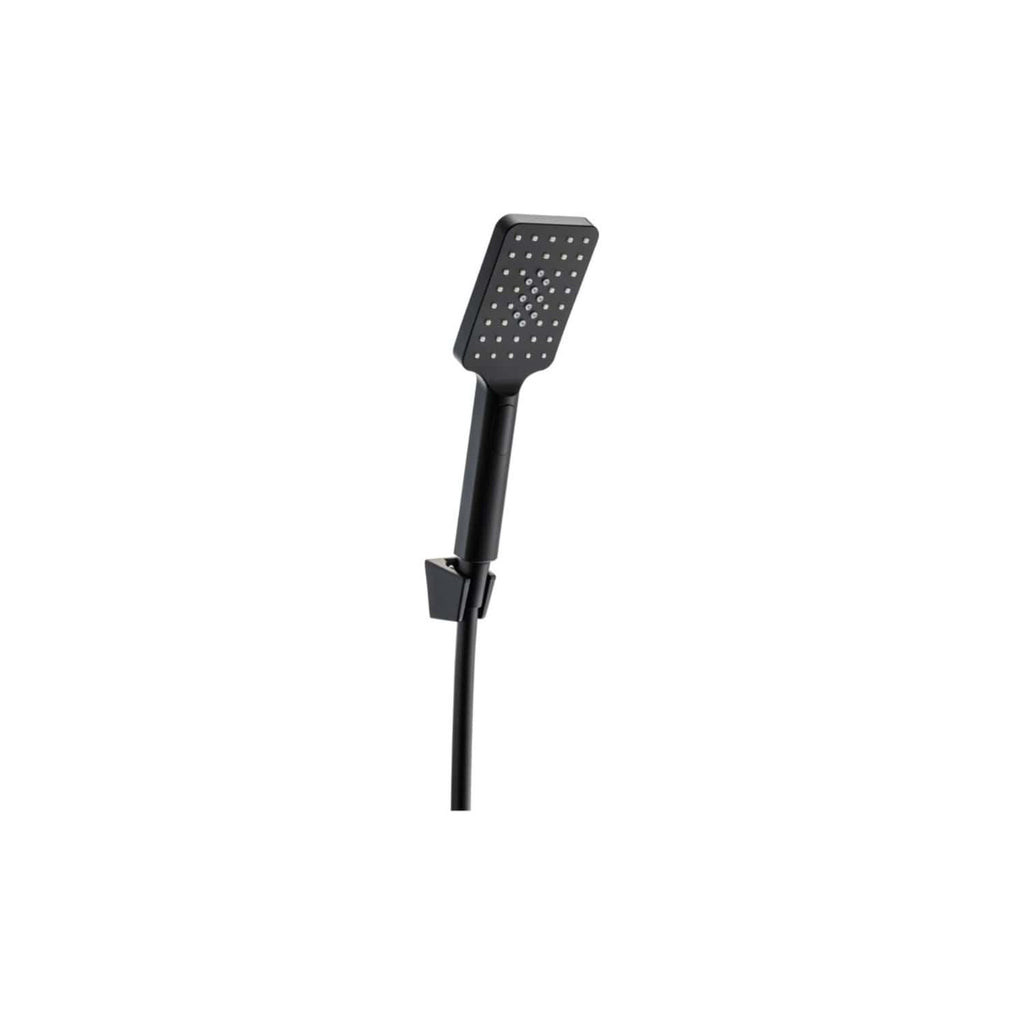 Modern black handheld shower head with adjustable spray patterns, suitable for contemporary bathroom renovations. Designed for easy installation and optimal water flow.